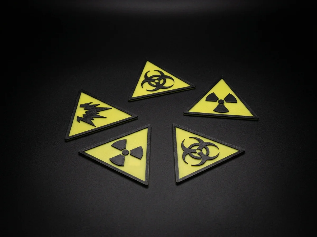 Five triangular yellow caution patches with black biohazard, biohazard, and radiation symbols, arranged in a circle on a black surface.