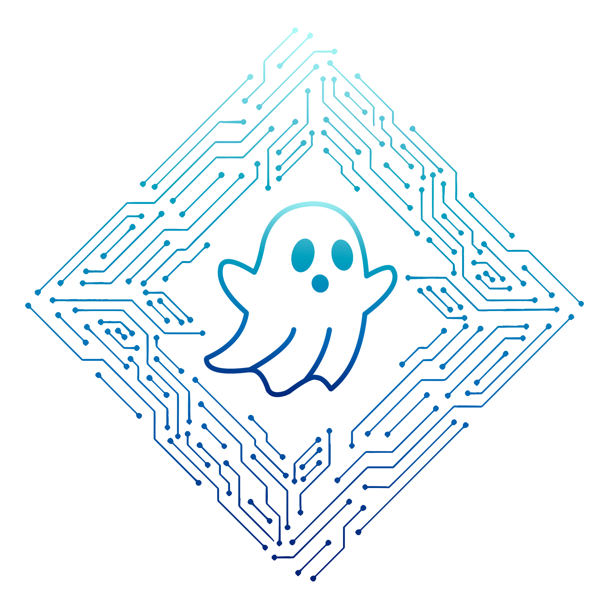 Digital illustration of a stylized ghost integrated into a motherboard circuit design, with a gradient blue color on a black background.