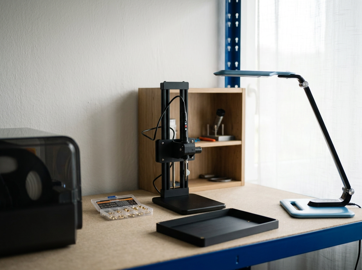 An optical table with a threaded inserting tool, and a modern adjustable desk lamp near a wooden shelf with tools and supplies, in a well-lit workspace.
