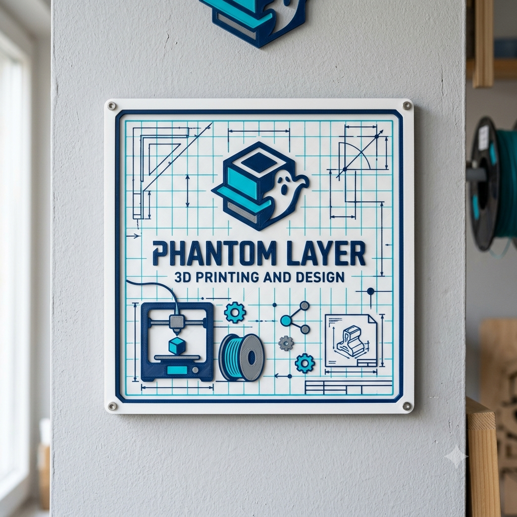 A sign on a wall reading "Phantom Layer 3D Printing and Design" with graphics of a 3D printer, spool of filament, and technical drawings in a blue and white color scheme.