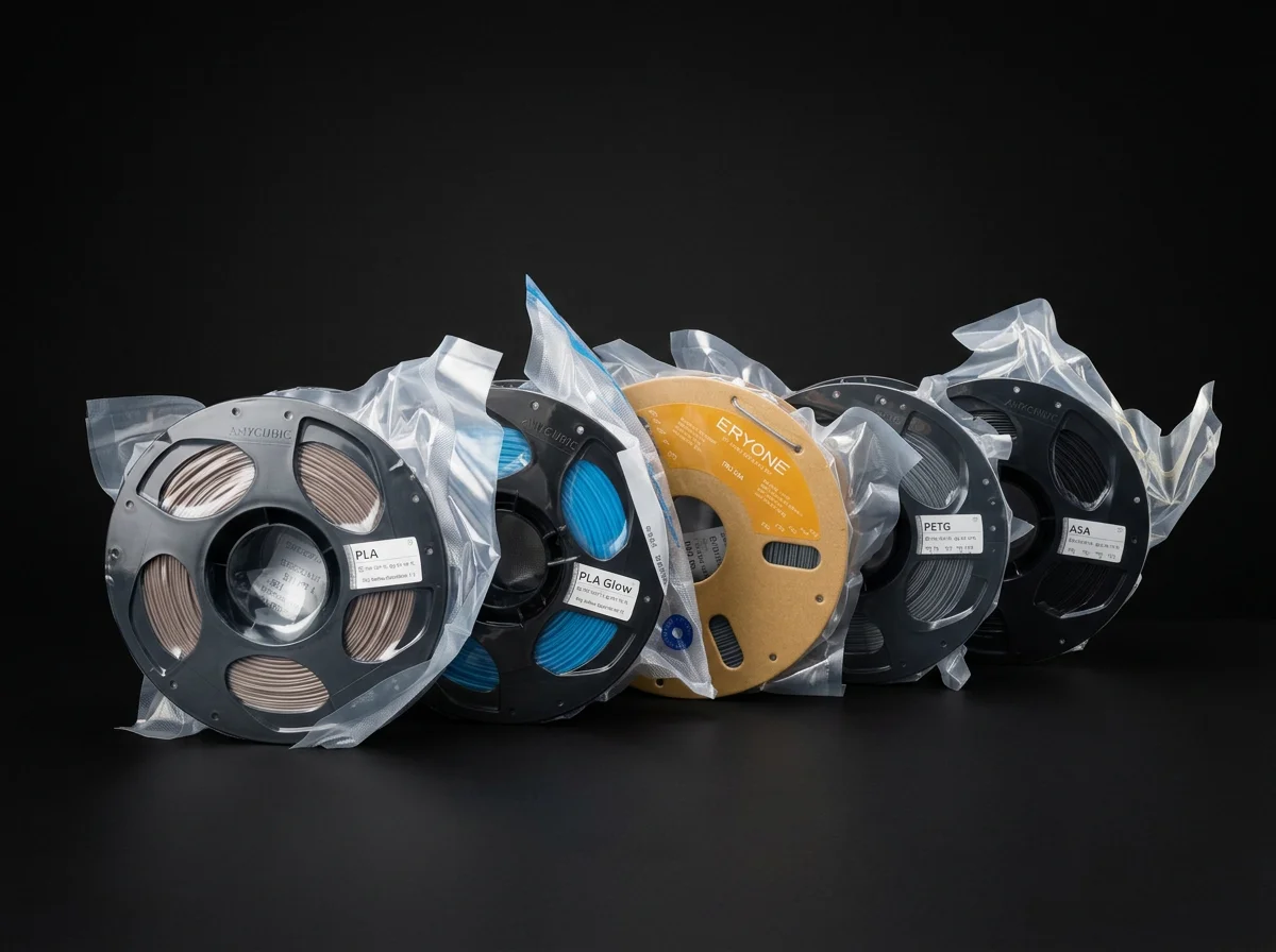 Five spools of 3D printing filament in different colors and materials, with labels indicating types such as PLA, ABS, PETG, and others, arranged in a row against a black background.