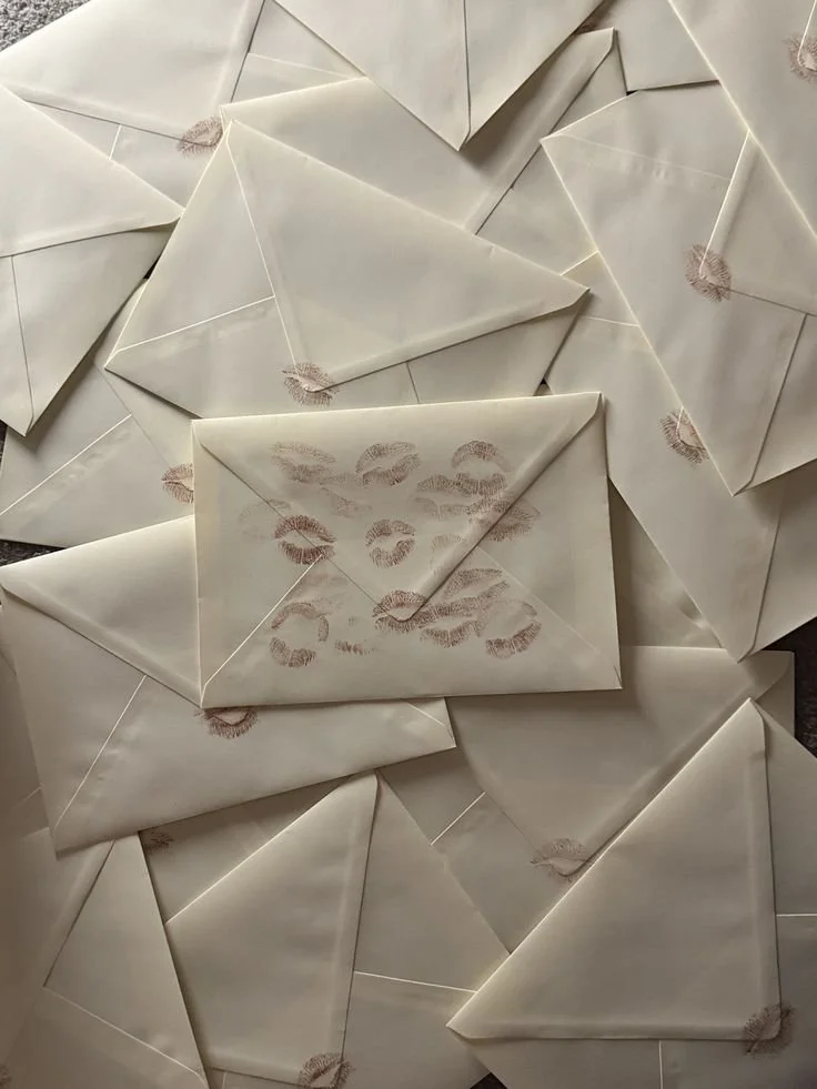 A collection of cream-colored envelopes with kiss mark stamps scattered across the surface, some overlapping each other.