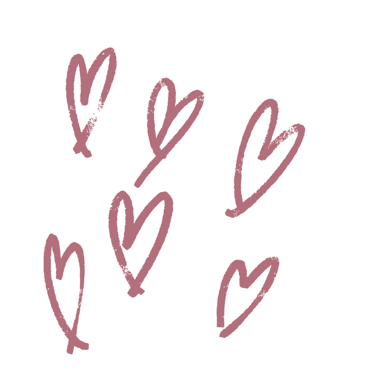 Hand-drawn purple hearts scattered on a black background.