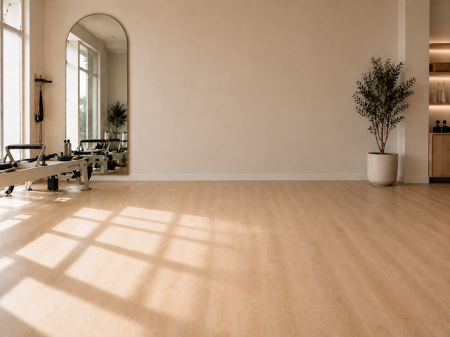 Empty Pilates or yoga studio with wooden floor, large mirror, exercise equipment, a potted plant, and sunlight coming through large windows.