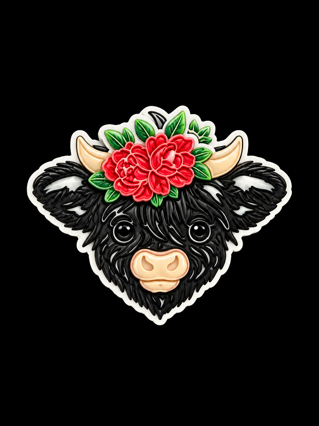 Glossy Highland Cow Floral Sticker.png