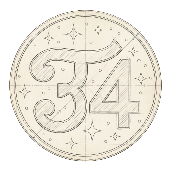 Egy "T" betű és a 34-es szám klasszikus, tervrajzra hasonlító minta, csillagokkal díszített körben.