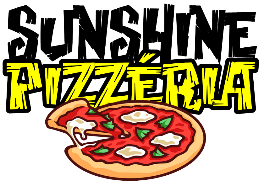 Rajzfilmstílusú illusztráció egy pepperonis, sajtos és bazsalikomleveles pizzáról, a háttérben „Sunshine + Pizza” felirattal. Iregszemcse, Tamási és Siófok közelében, a Balatontól nem messze.