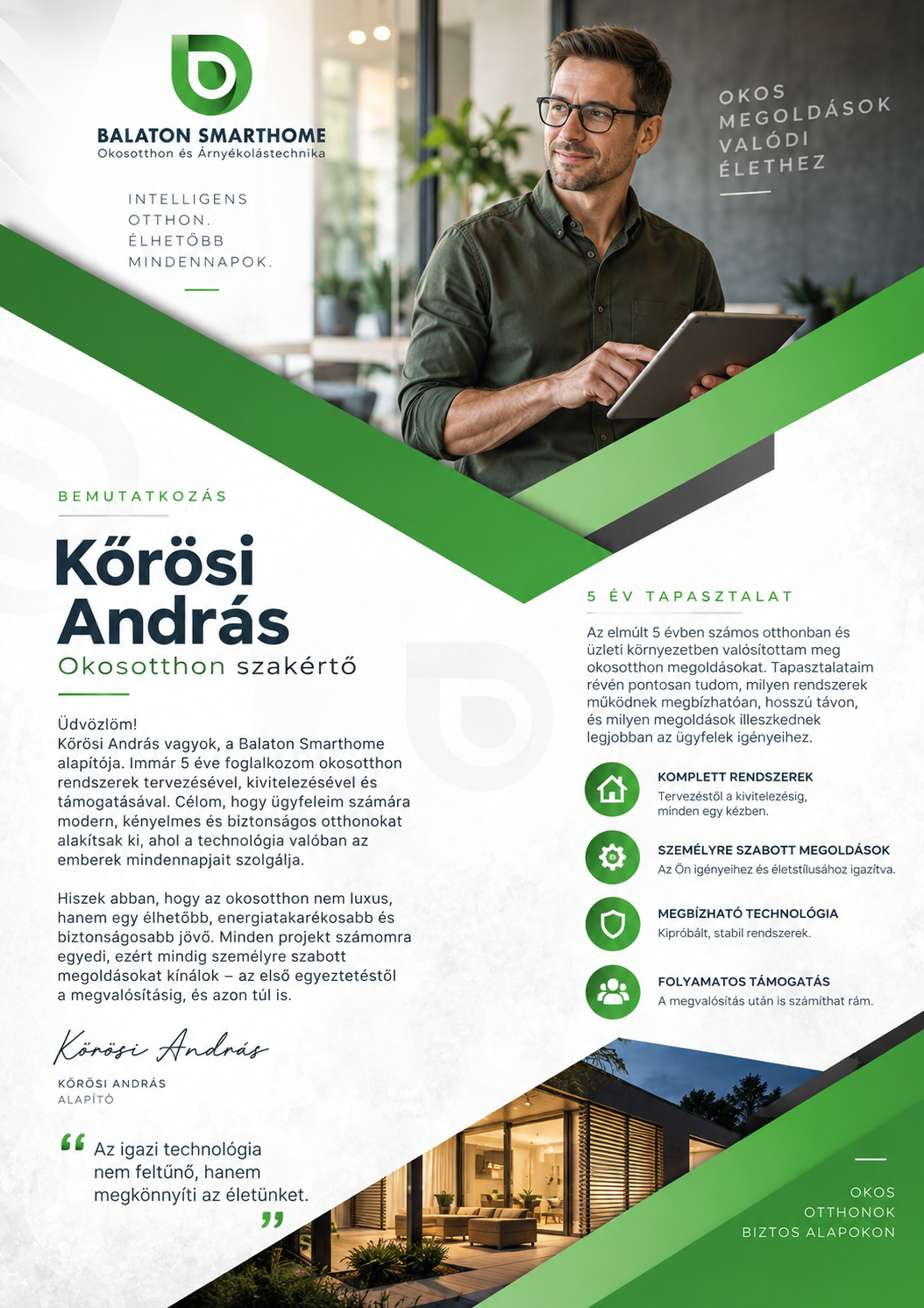 A Balaton Smarthome bemutatkozó anyaga egységes arculattal, szakmai tartalommal, vizuális hierarchiával és modern grafikai megoldásokkal.