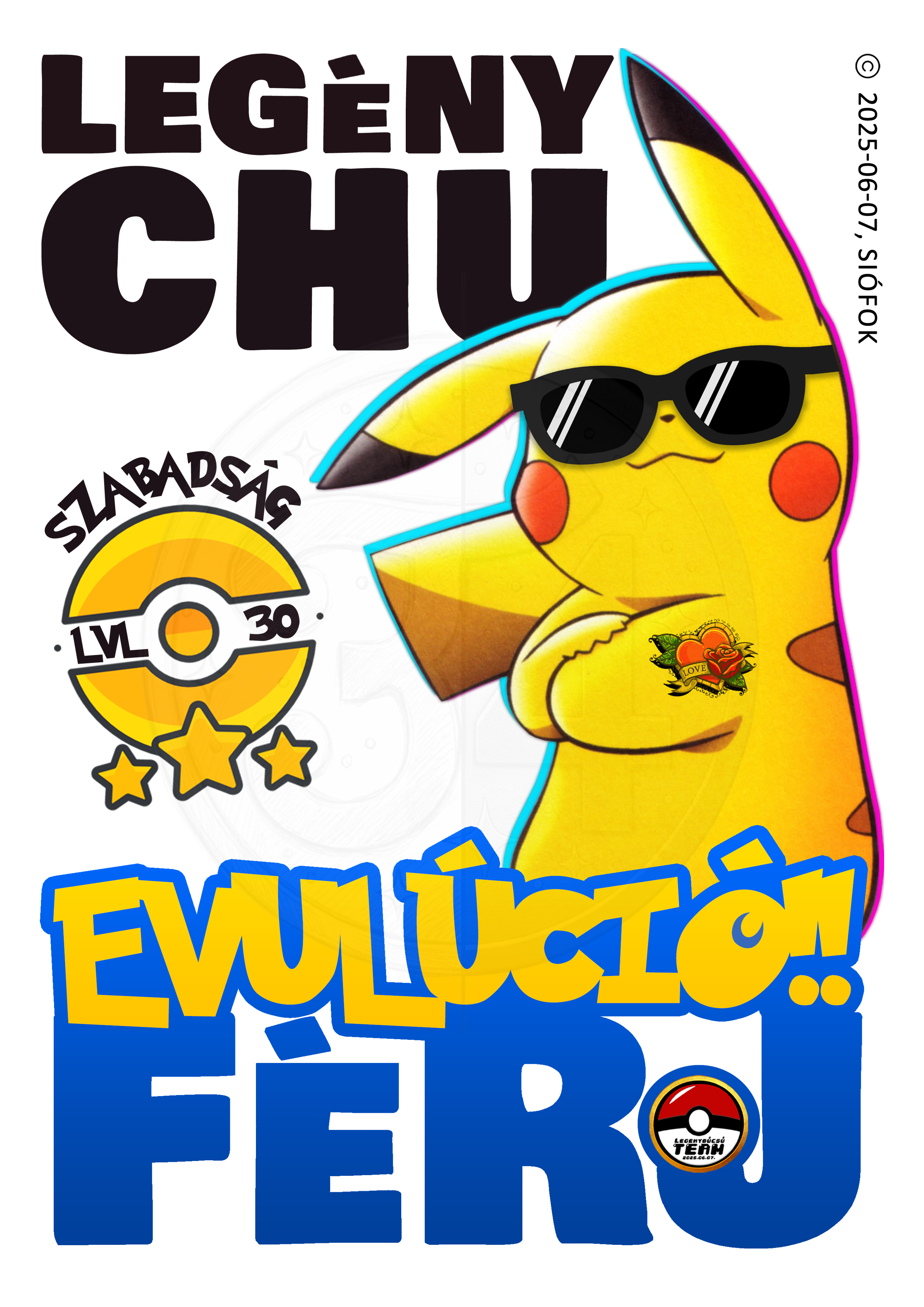Egy Pokémon-témájú magazin borítója, amelyen napszemüveget viselő Pikachu látható, nagy, színes feliratok és Pokémon-szimbólumok kíséretében – köztük egy sárga Poké Labda, valamint egy szívvel, csillagokkal. Siófok!