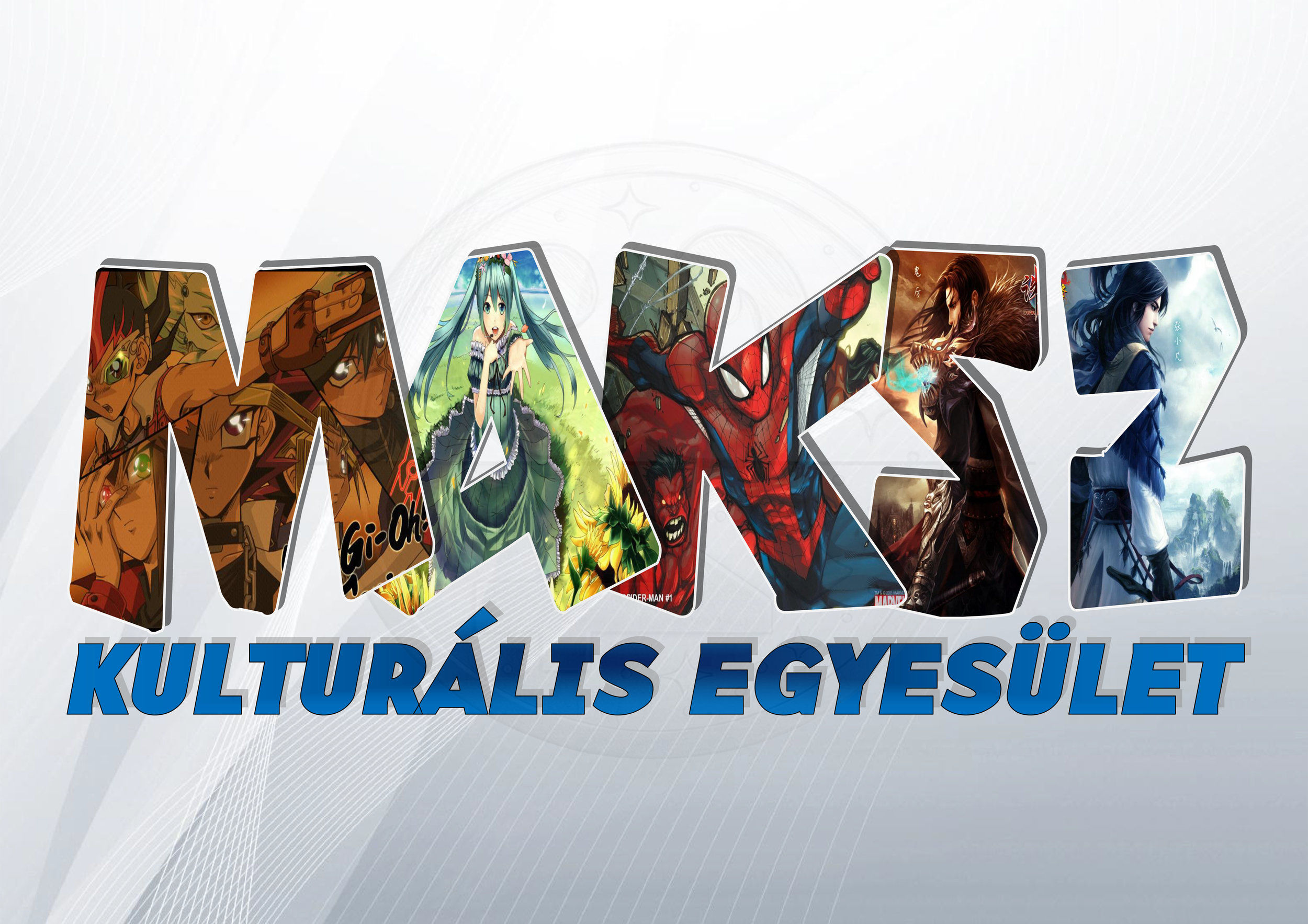 A MAKSZ KULTÚRÁLIS EGYESÜLET logója. Különféle animációs és képregény-szereplők íves elrendezésű montázsa világos háttéren, kék színű felirattal. Tamásiban.