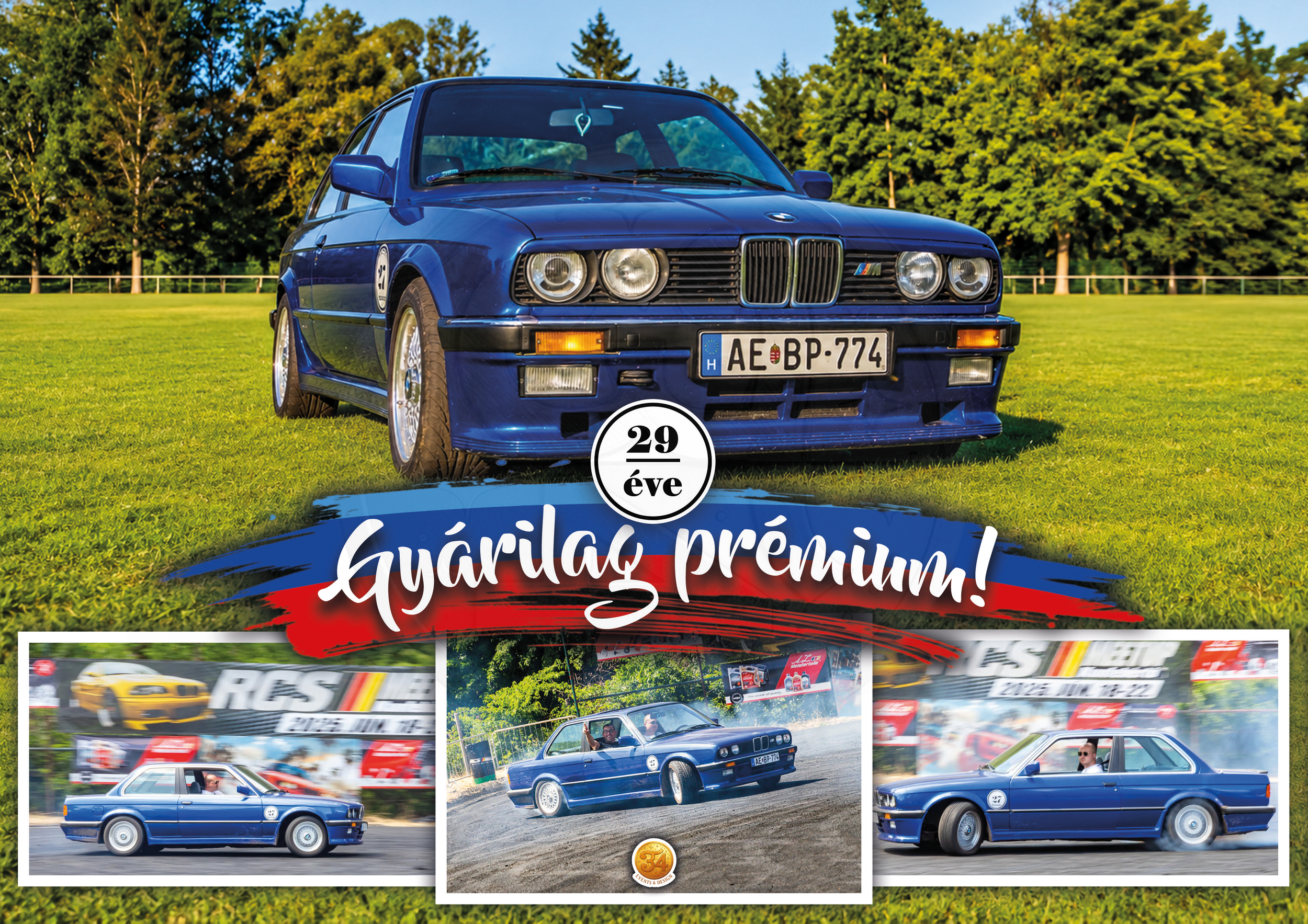 A blue BMW E30 M3 rally car on a grassy field with tall trees in the background. The car has European license plates and is participating in a rally event. The image is part of a collage celebrating the 29th anniversary of a rally event, with text in Hungarian and a small medal icon at the bottom.