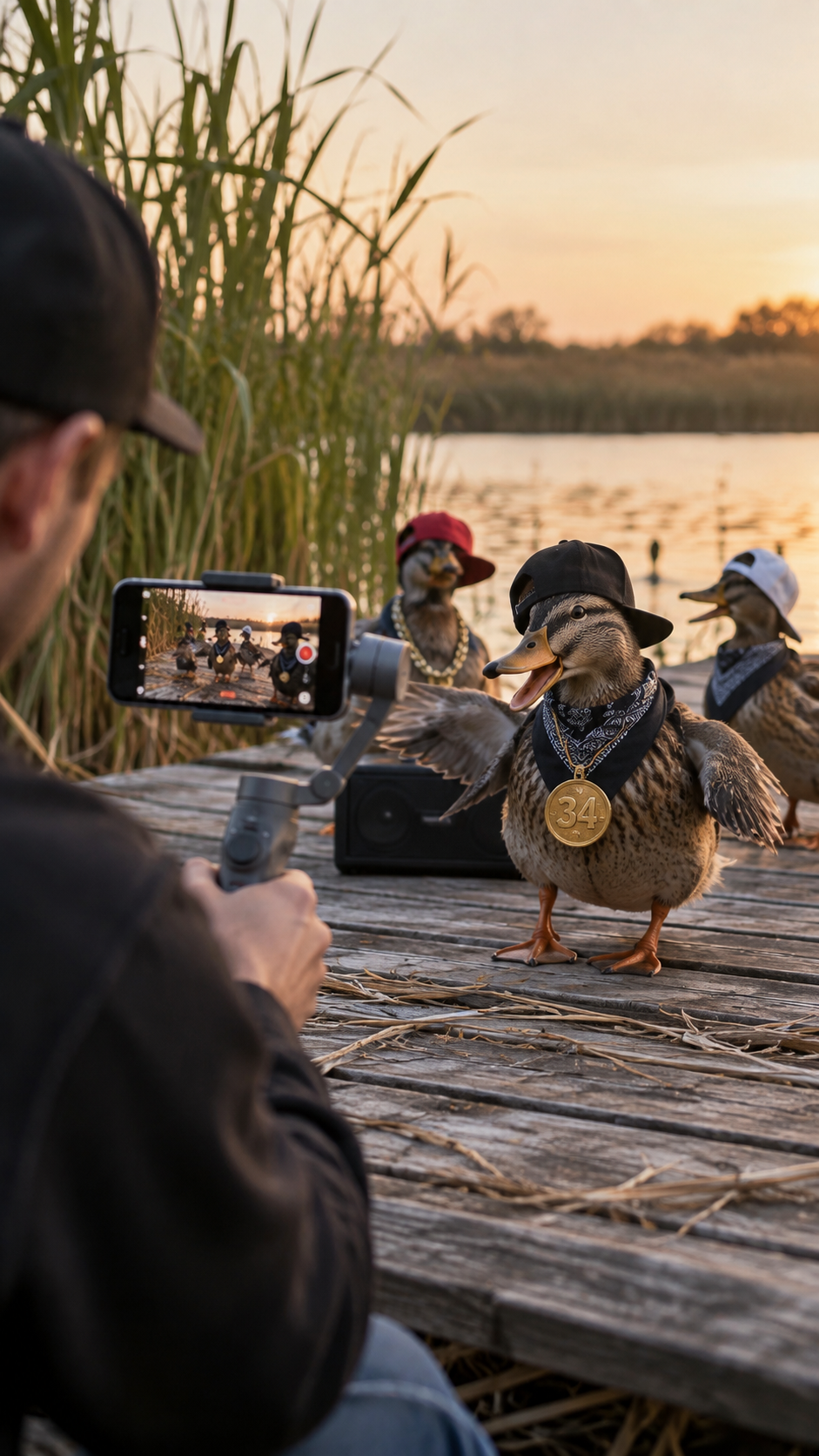 Person recording ducks dressed in accessories, with a sunset and river background.