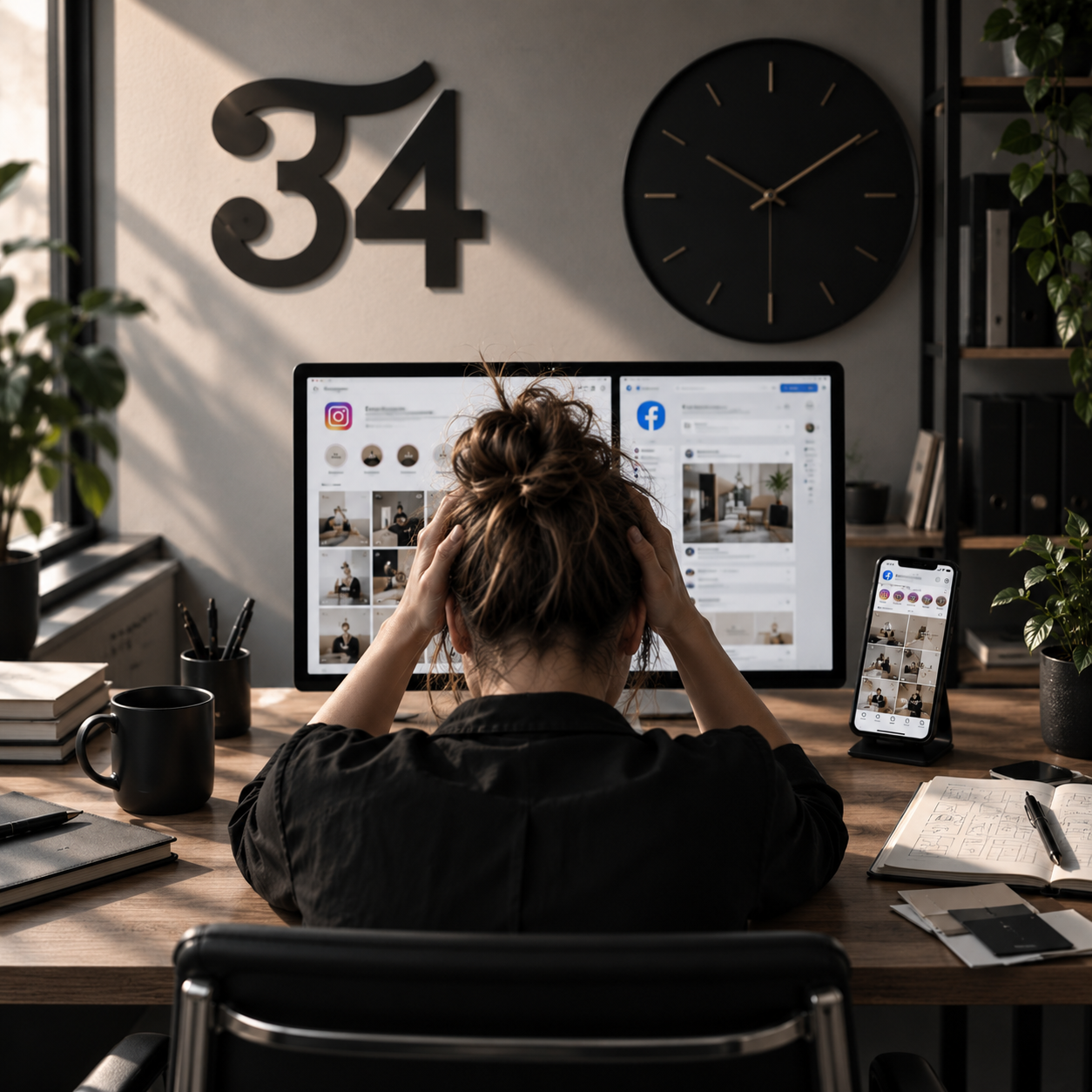 A képen, egy hölgy ül az íróasztalánál és a fejét fogja. Nincs idő, social media, óra. T34 logó a falon.
