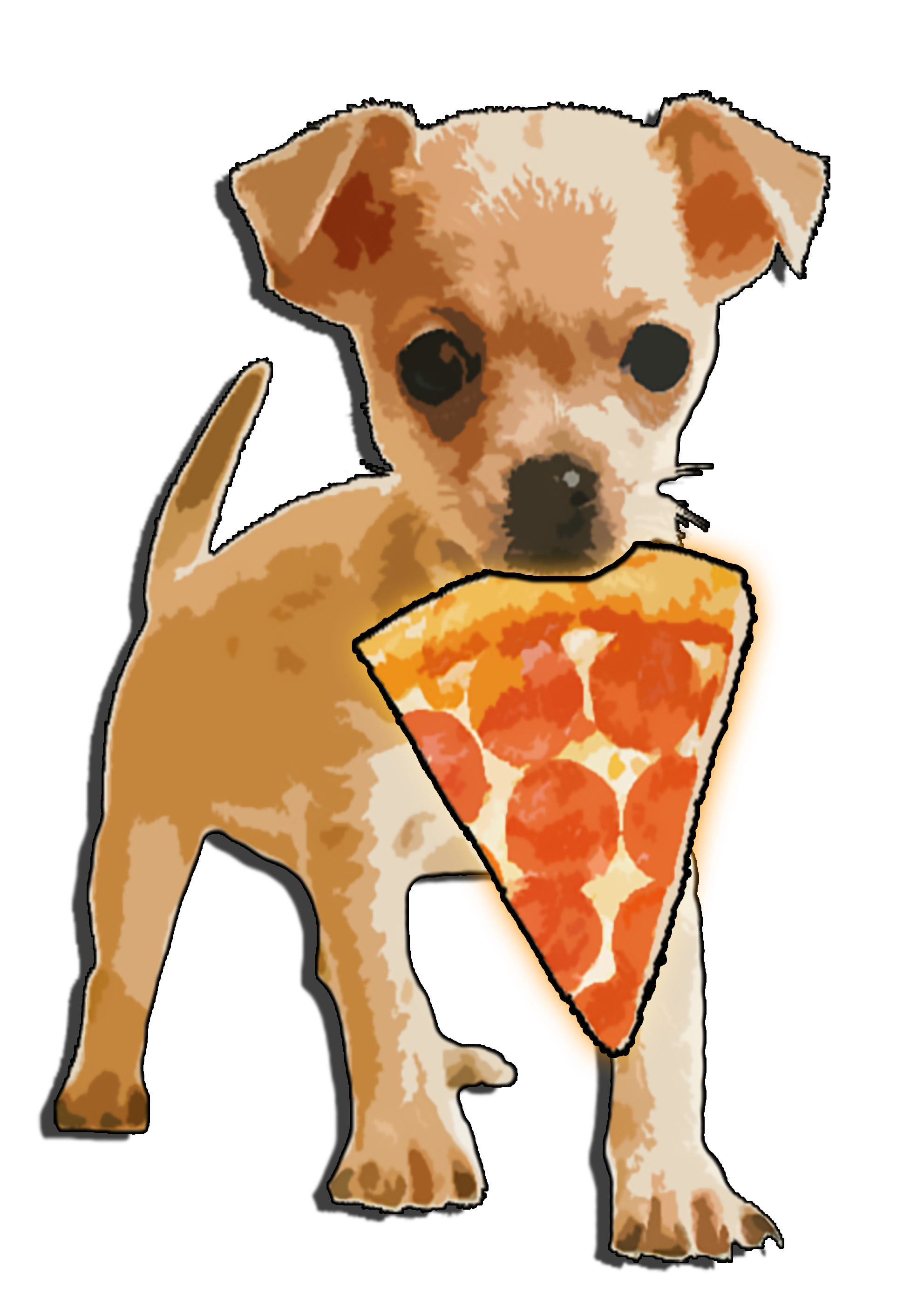 Rajzfilmfigura-stílusú kiskutya, aki egy szelet pepperonis pizzát tart a mancsában, és egy narancssárga asztal mellett áll.  Iregszemcse, Tamási és Siófok közelében, a Balatontól nem messze.