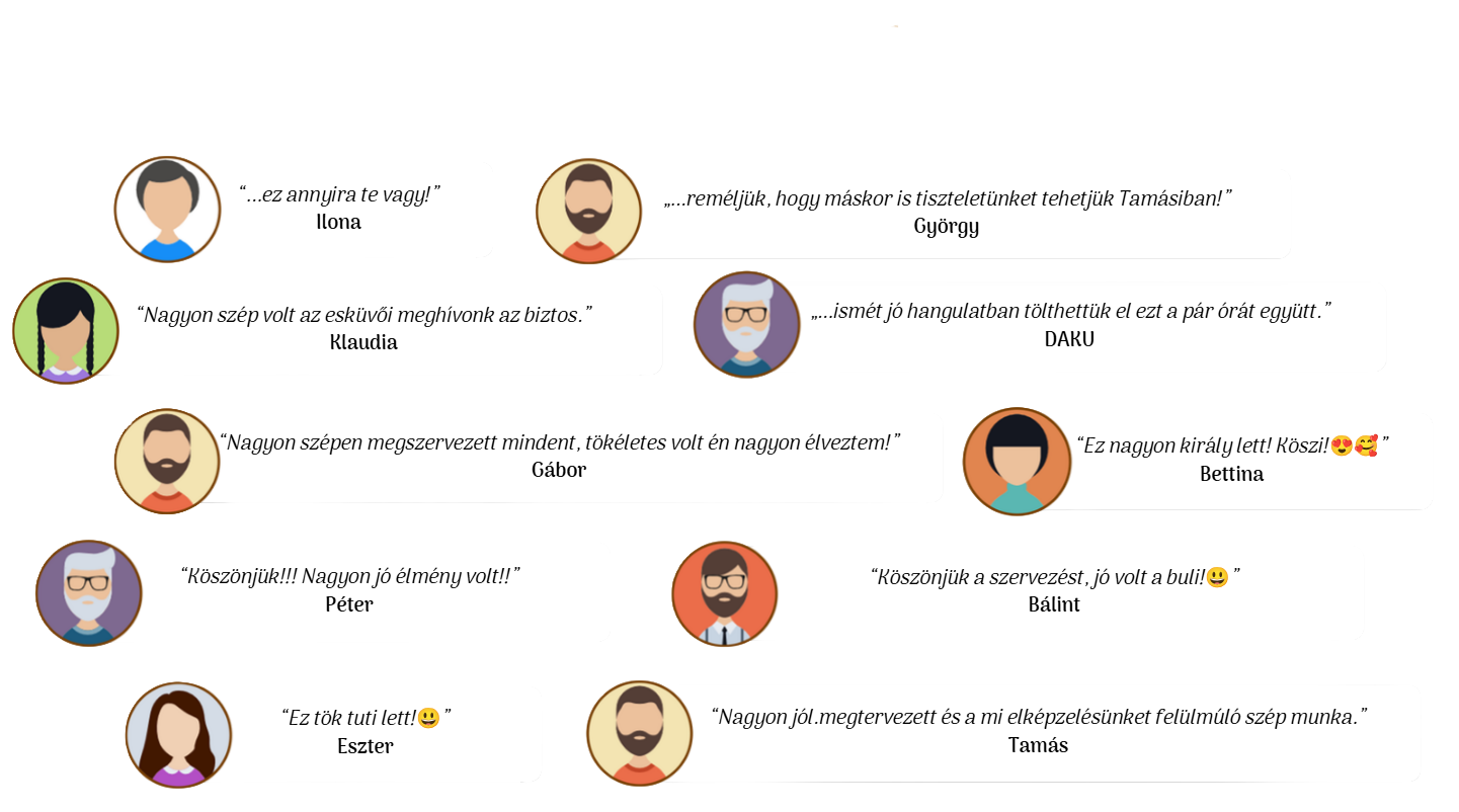 Kilencfős csoport – különböző korú férfiak és nők –, akik illusztrált profilképpel ellátva, magyar nyelven osztanak meg pozitív megjegyzéseket.