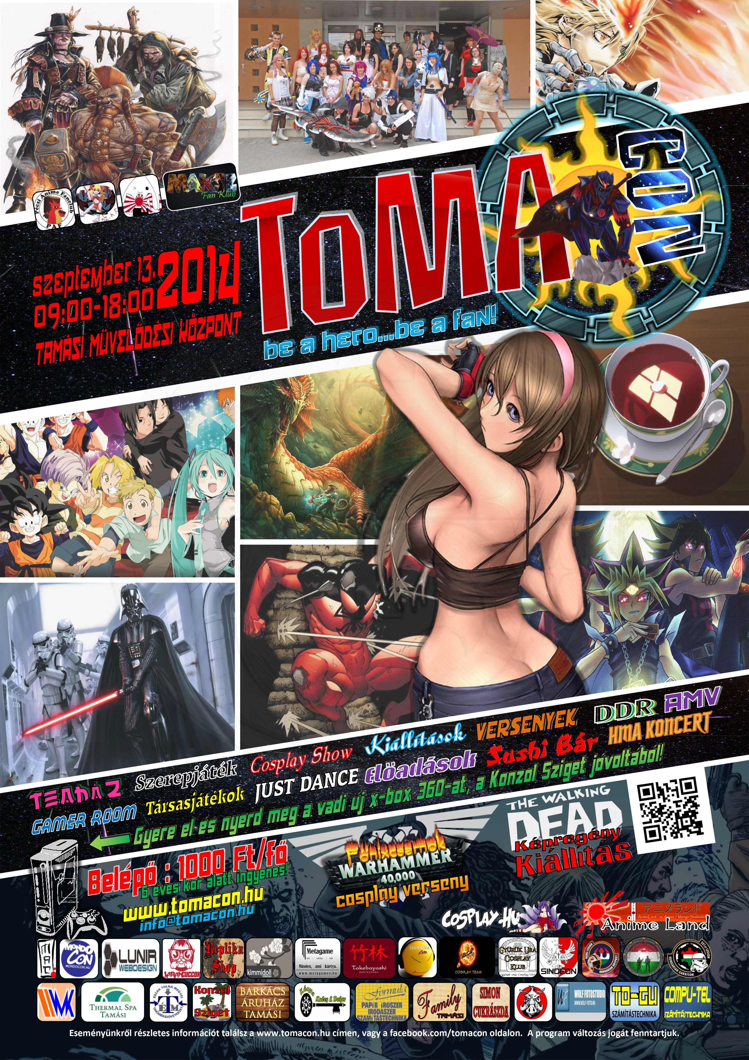 A colorful poster advertising a gaming and cosplay event called Tomacon 2014, featuring various animated characters, artwork, and event details in Hungarian, including images of popular anime, video game characters, and cosplayers.