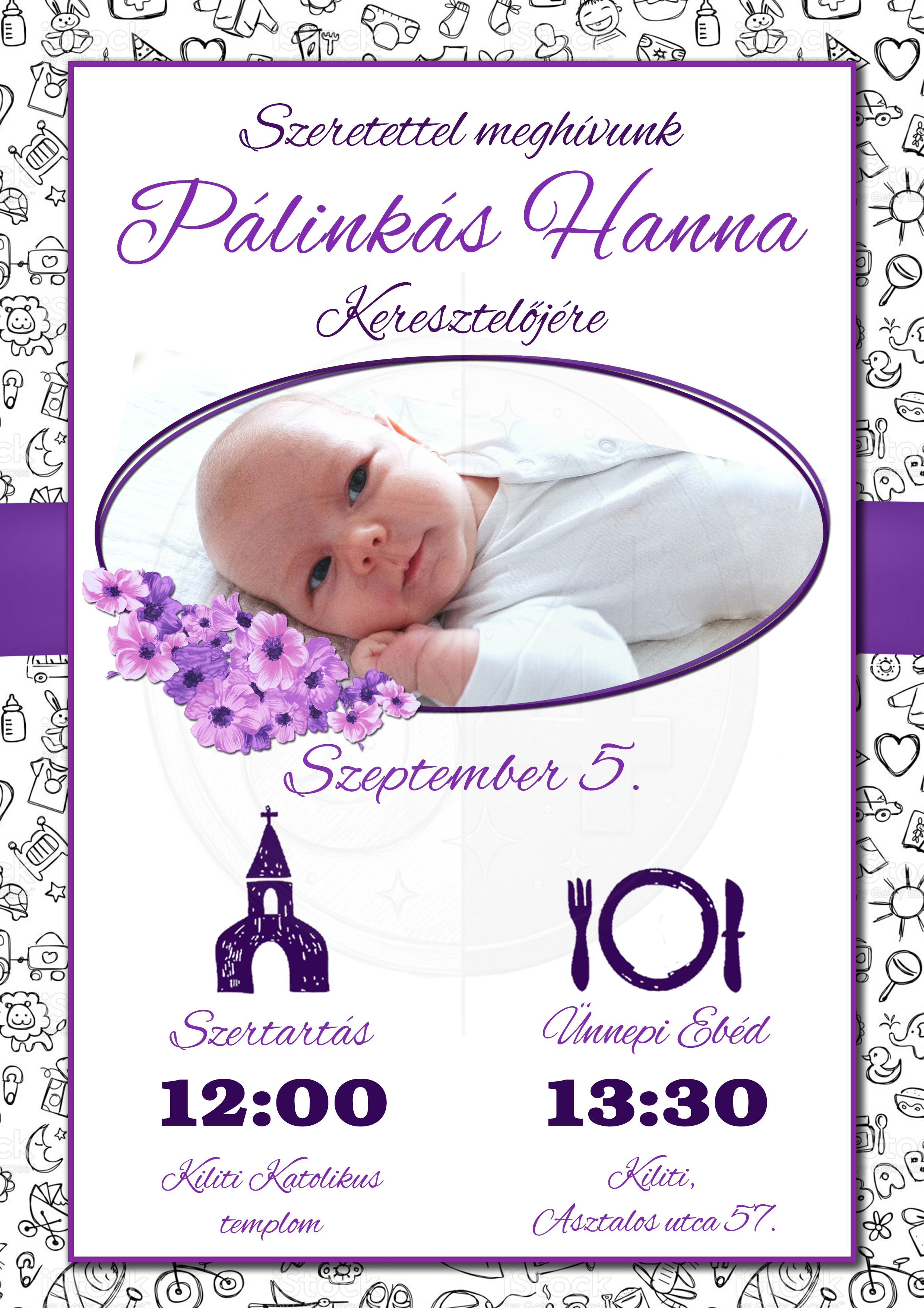 Invitation to a baby shower for Hanna Pálinkás, with a photo of a smiling baby and purple flowers, providing event details in Hungarian with dates and times.