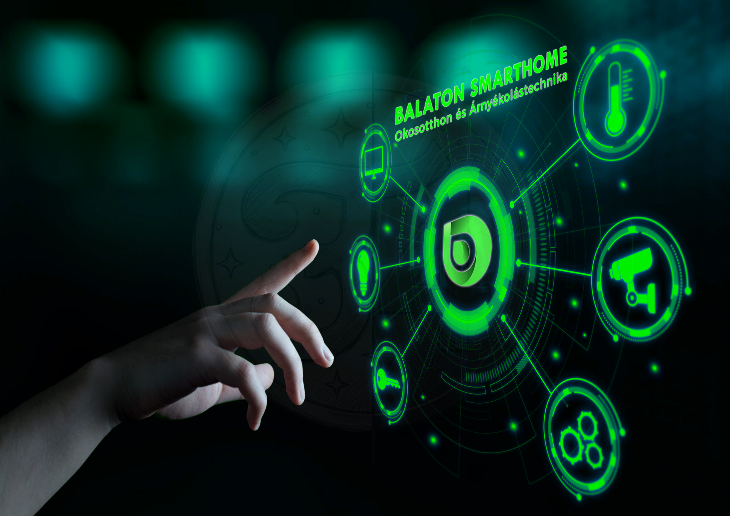 Digitális kreatív a Balaton Smarthome számára, technológiai hangulattal, erős zöld színvilággal és karakteres vizuális elemekkel.
