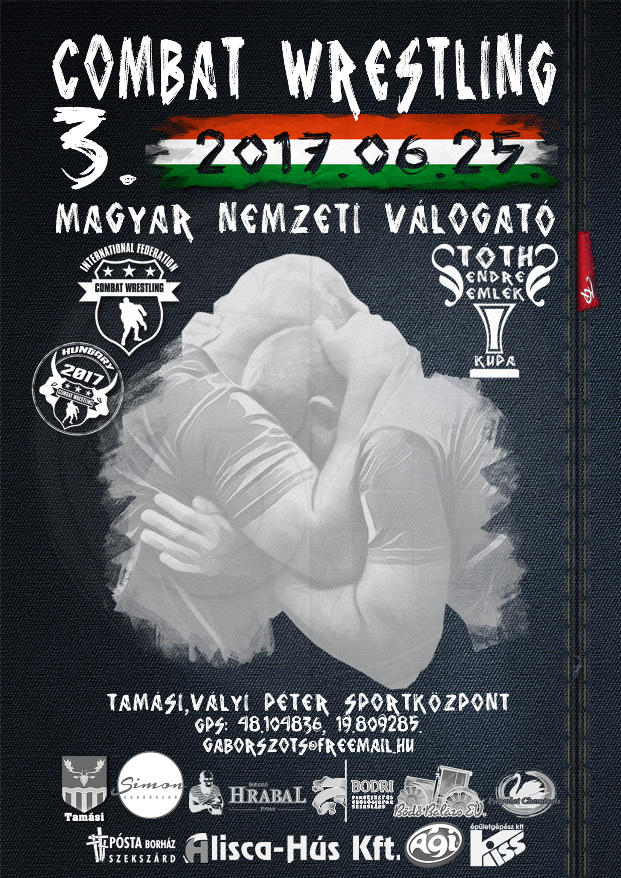 Combat wrestling plakát, farmermintás alapon. Siófok, Balaton-part. Tamási