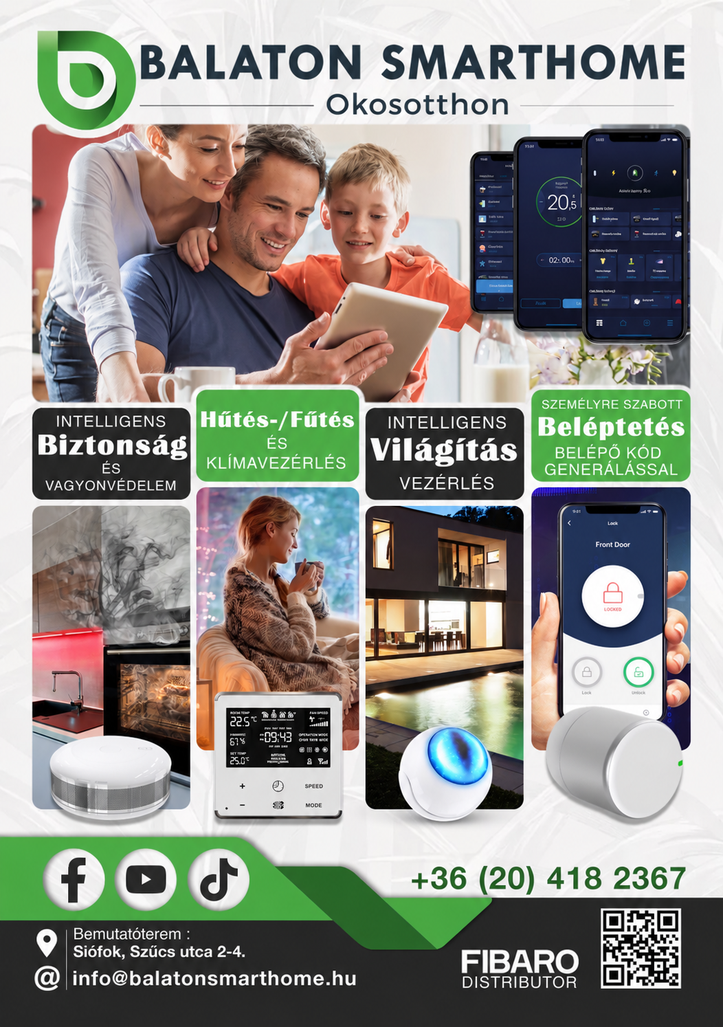 Nyomtatott kreatívanyag a Balaton Smarthome számára, termékfotókkal, jól strukturált információkkal és karakteres zöld vizuális elemekkel.