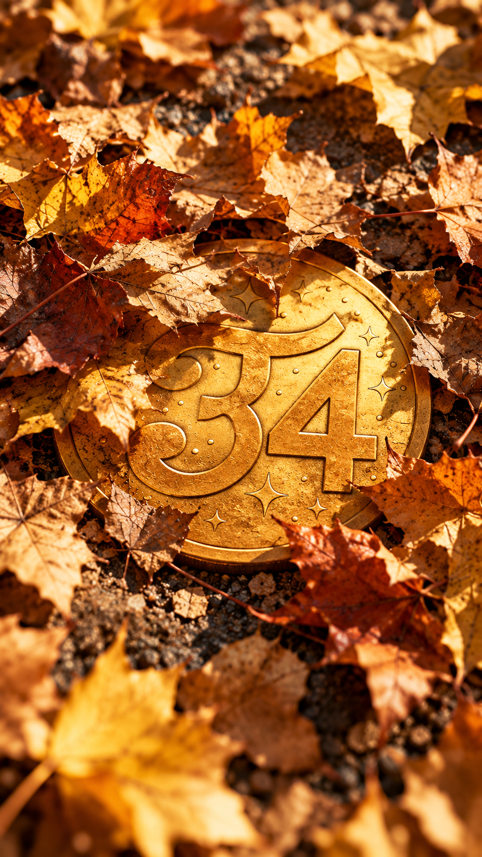 A golden coin with the number 34 on it, surrounded by autumn leaves on the ground.