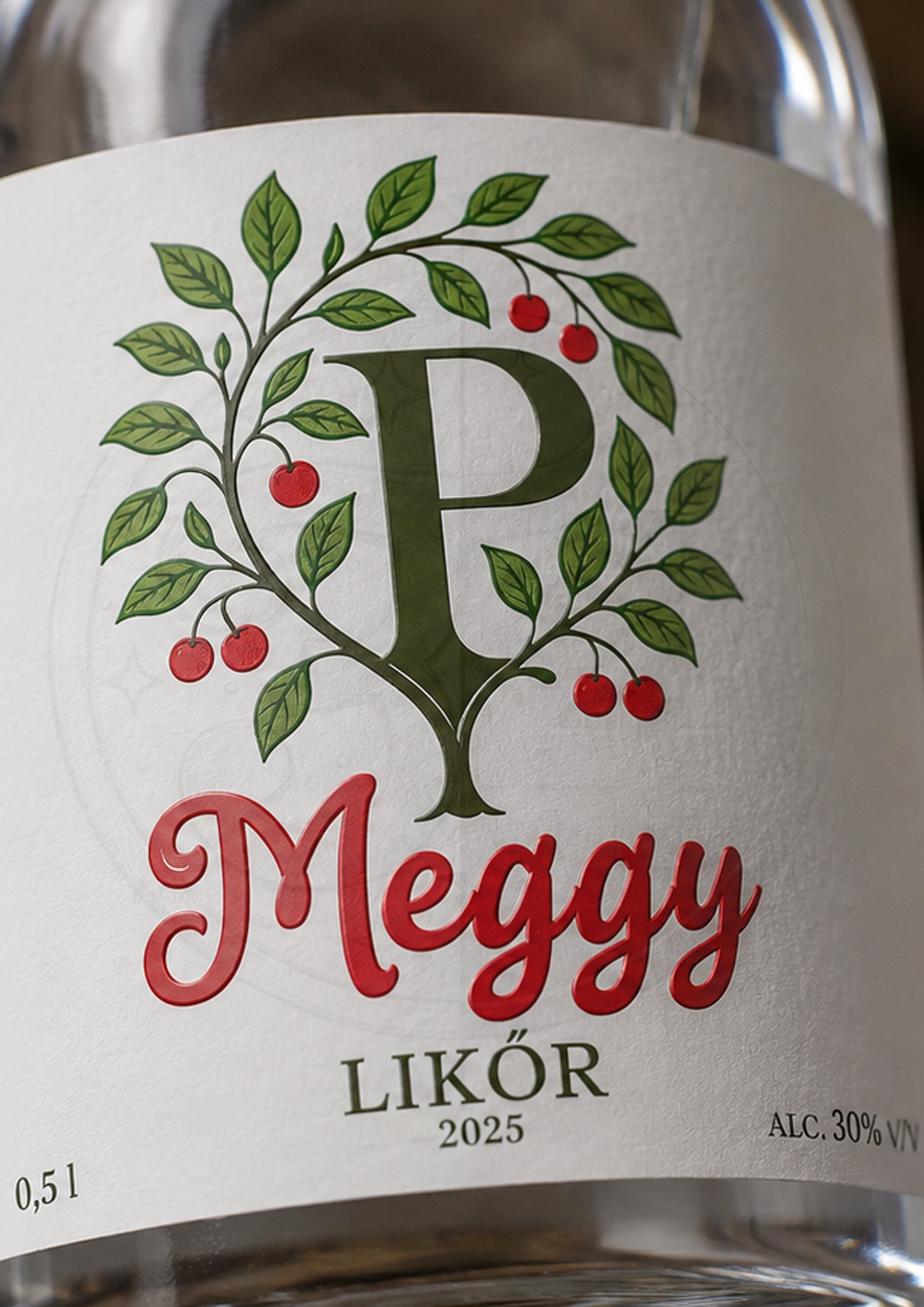 Népies mintás matrica, amin egy meggyfa van és ölel egy P betűt. Siófok, Balaton-part.