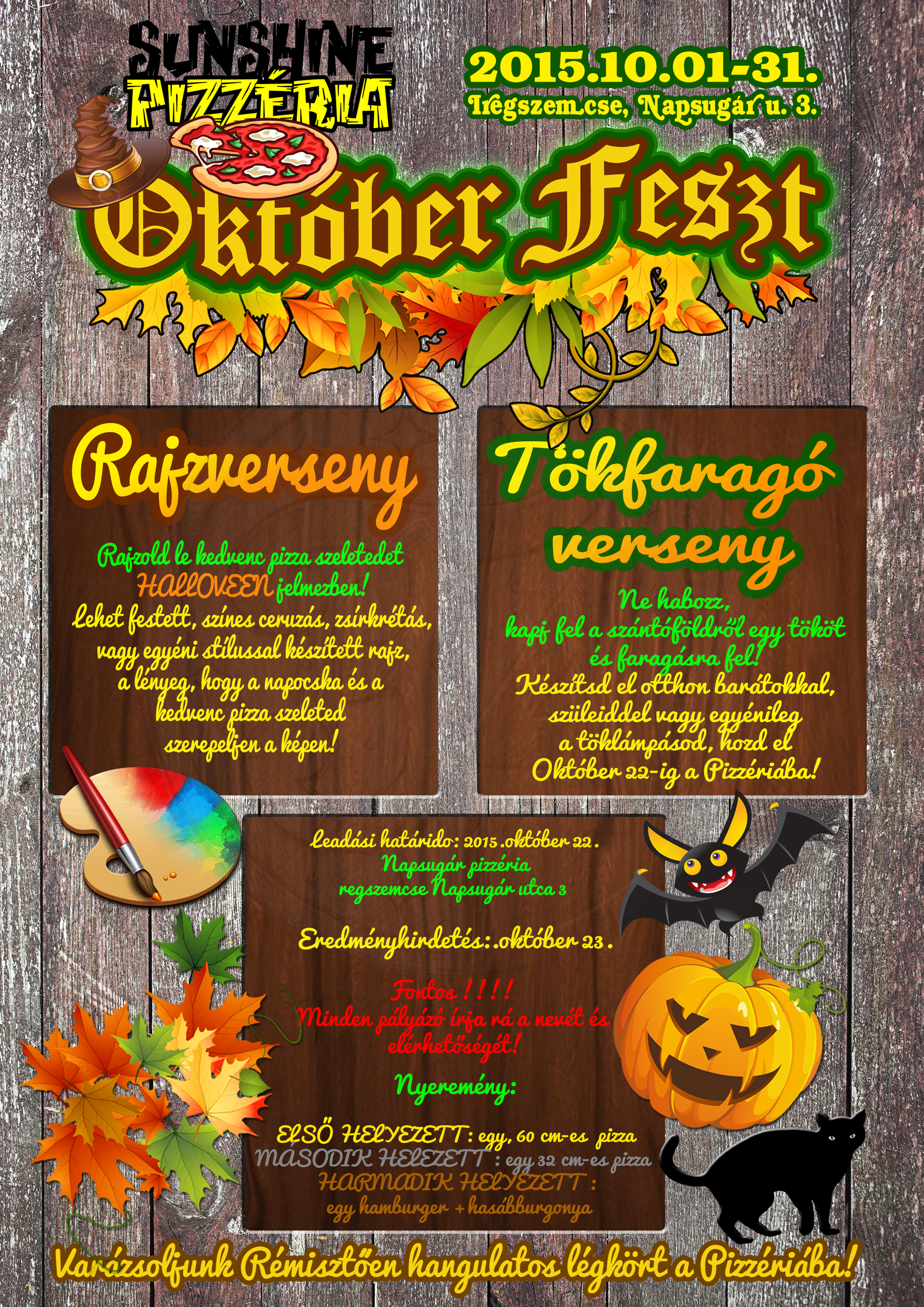 Szórólap egy magyarországi pizzériában megrendezésre kerülő, Halloween-témájú pizzafesztiválhoz (2015. október 1. – október 31.). A grafikán őszi levelek, tök, rajzolt denevér, fekete macska és Halloween-dekorációk láthatók. Iregszemcse.
