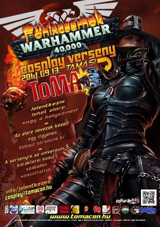 Promóciós plakát egy Warhammer 40,000 cosplay-versenyhez: fekete páncélt és nagy kalapot viselő animációs stílusú női karakter, lángoló grafikai elemek és magyar nyelvű rendezvényinformációk. Tamásiban.