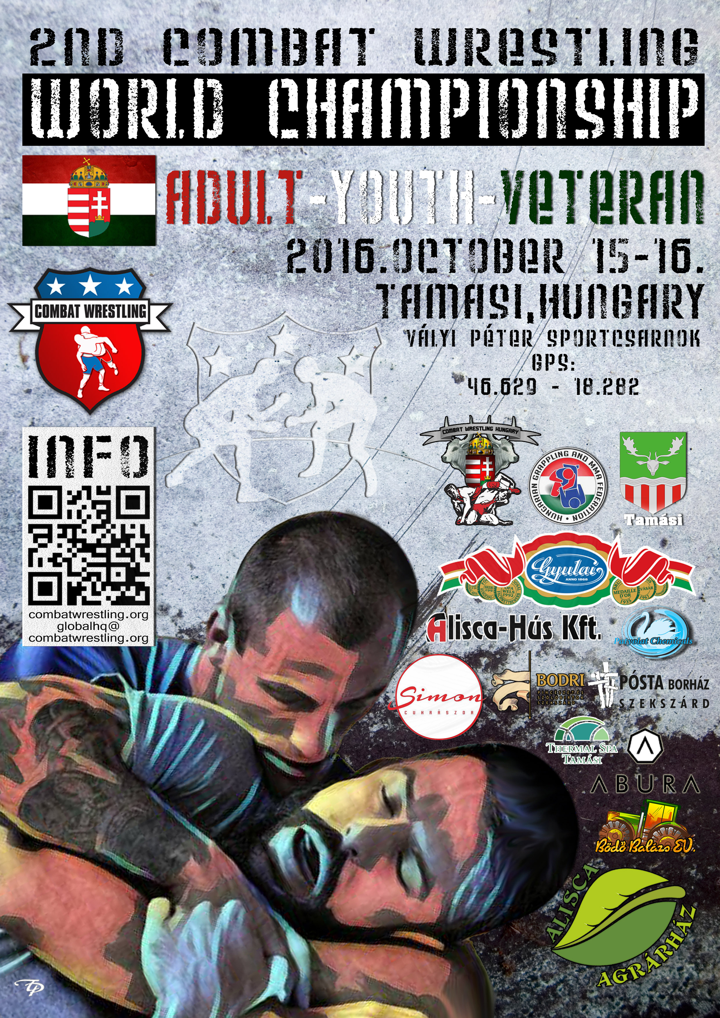 Plakát a 2016. október 15–16-án Budapesten megrendezett Combat Wrestling-világbajnokság népszerűsítésére. Különféle logók, egy QR-kód, valamint egy csíkos dzsekit viselő kisfiú képe látható rajta.Tamási és Siófok, Balaton.