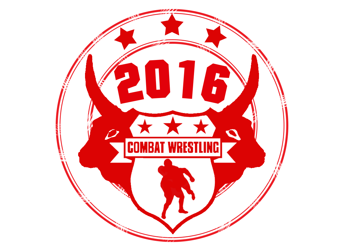 Piros-fekete logó, amely egy pajzson belül a „2016” feliratot és egy harcos sziluettjét ábrázolja. A logó csillagokat és a „Combat Wrestling” feliratot is tartalmazza. Tamási és Siófok, Balaton.