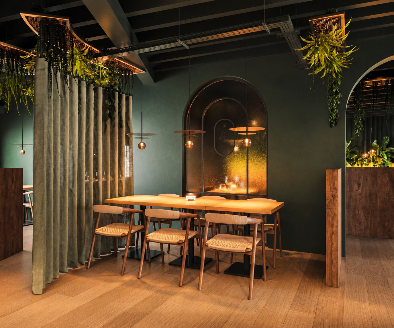 Sfeervolle hoek in Bistro Verde met een houten tafel, zes stoelen, groene wanden en hanglampen