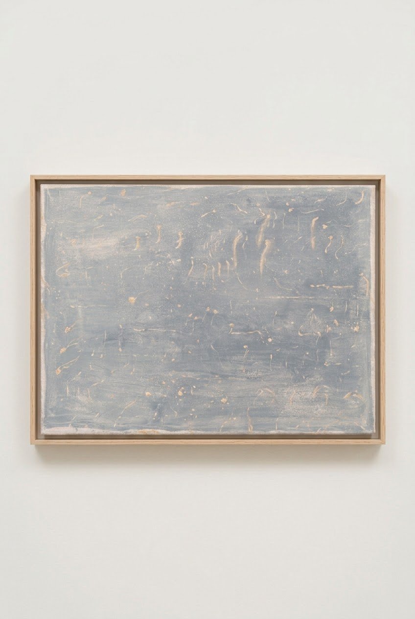 An abstract painting with a gray background and light streaks, framed in light wood, hanging on a white gallery wall.