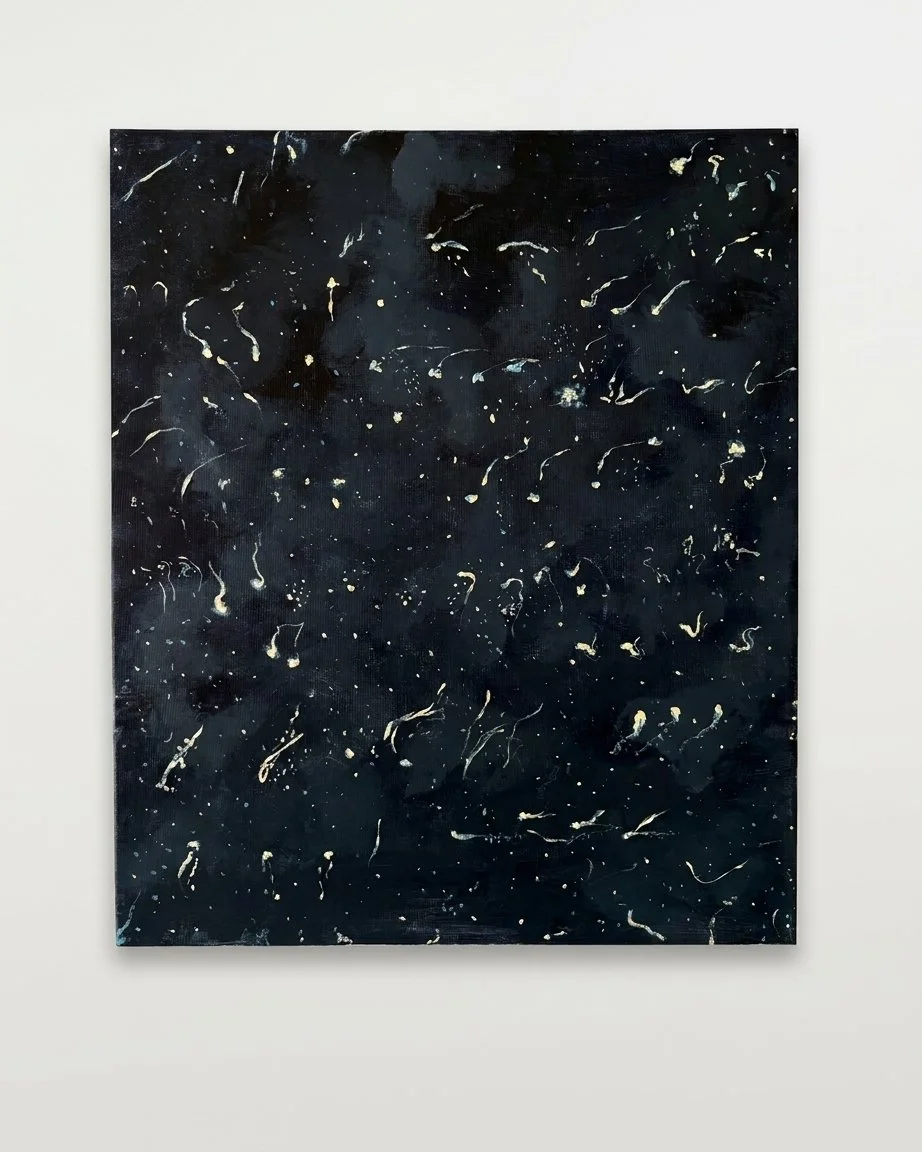Abstract painting named "she wore the moon" with midnight blue background and soft eggshell markings representing the night sky