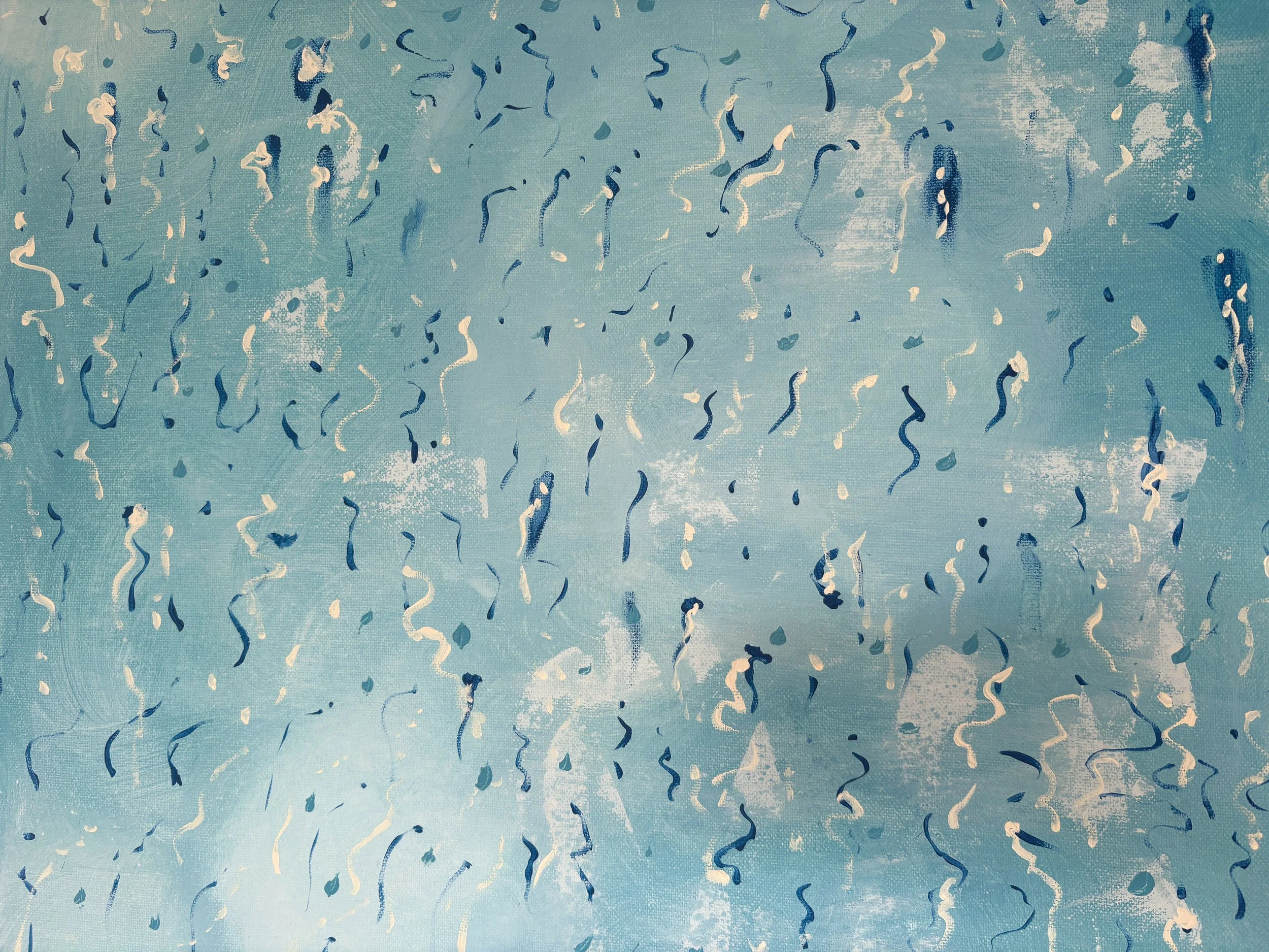 Abstract painting named "After the plunge" with a closeup view on the atmospheric teel blue background with cool navy and pearl markings like confetti scattered across the surface.