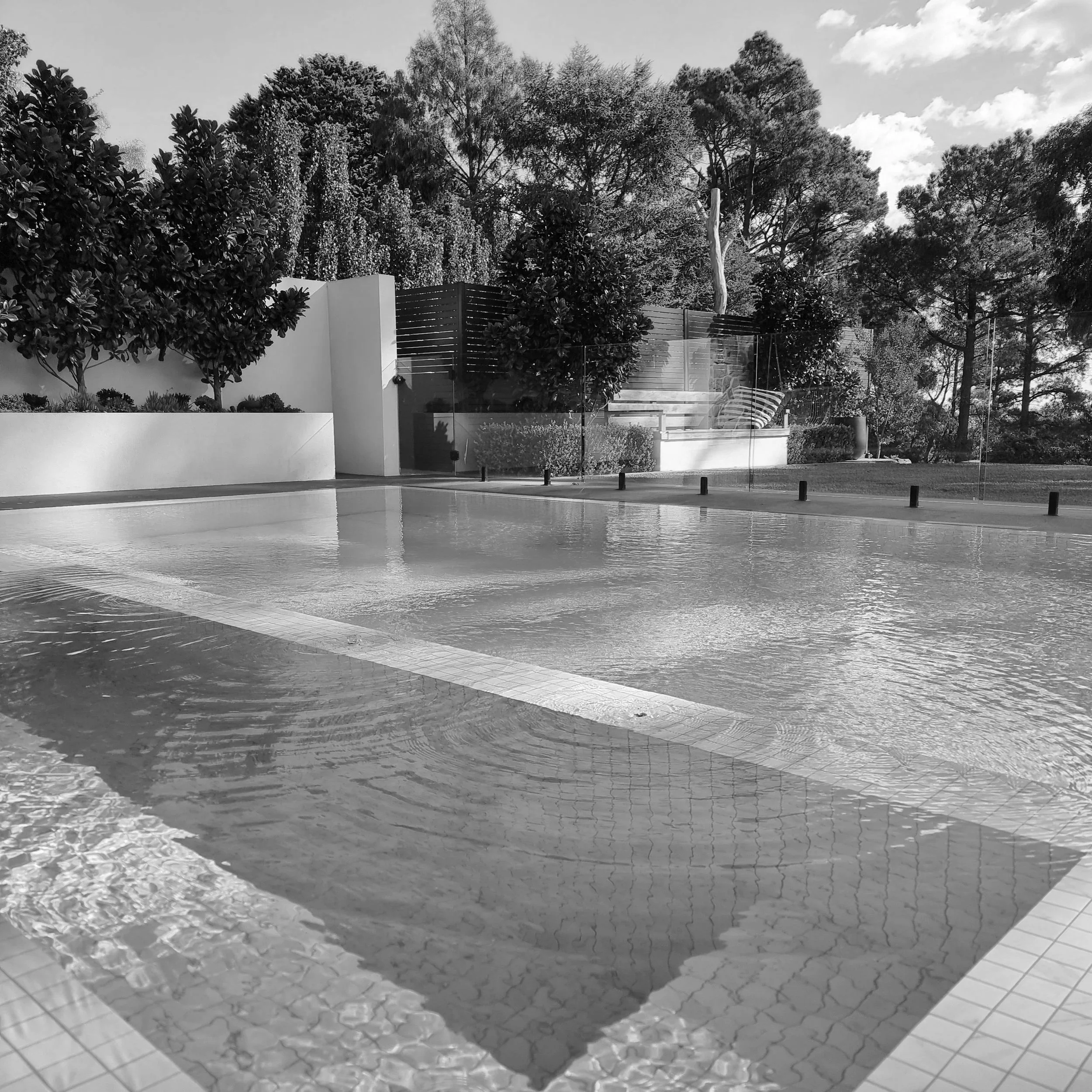Modern backyard swimming pool with tiled edges, landscaped garden, privacy fencing, and mature trees.