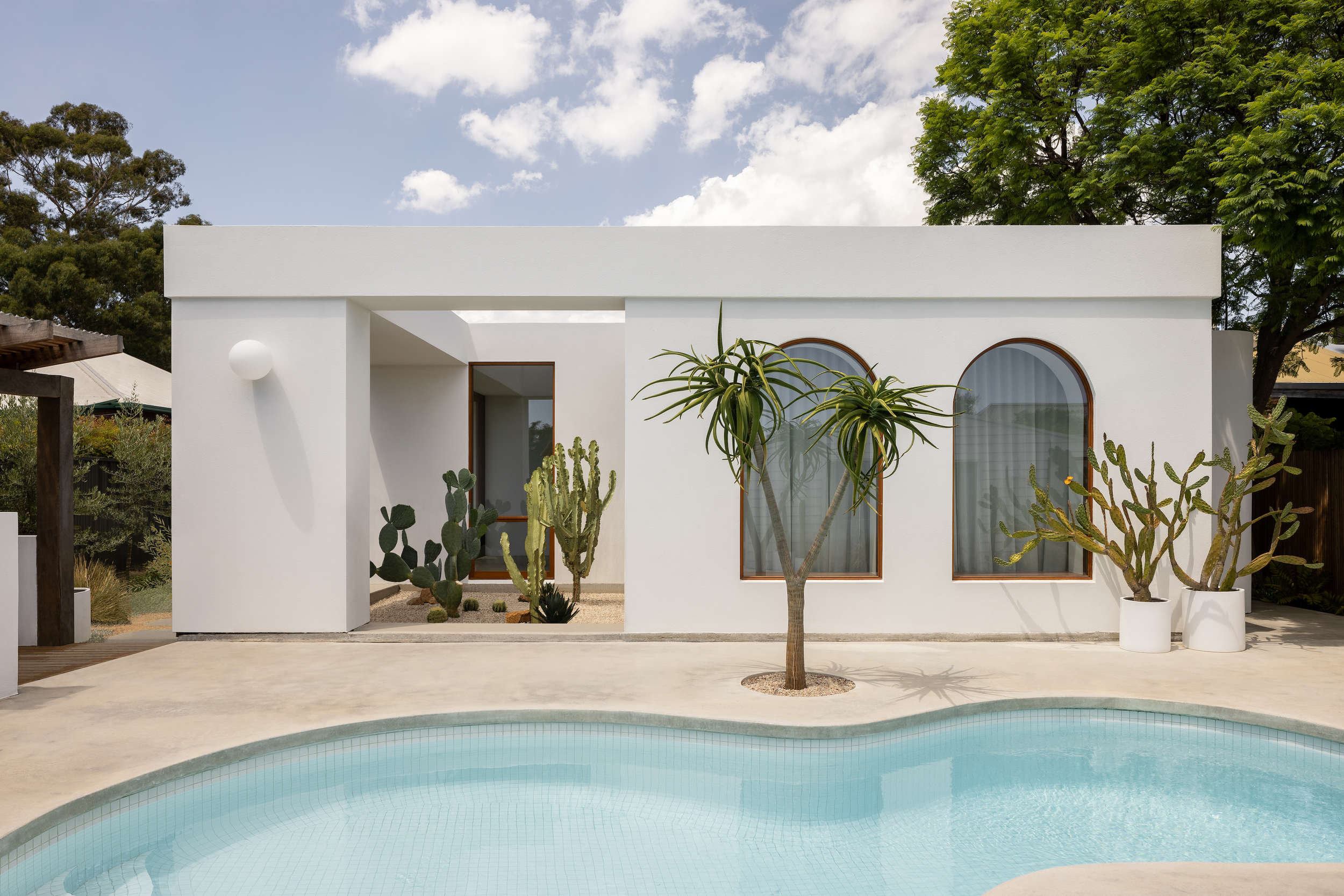 Modern white house with arched windows, cactus landscaping, and a curved swimming pool