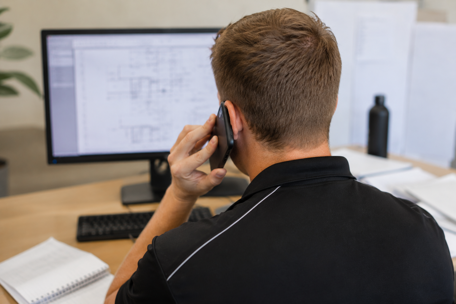 Man talking on a smartphone while working at a computer desk