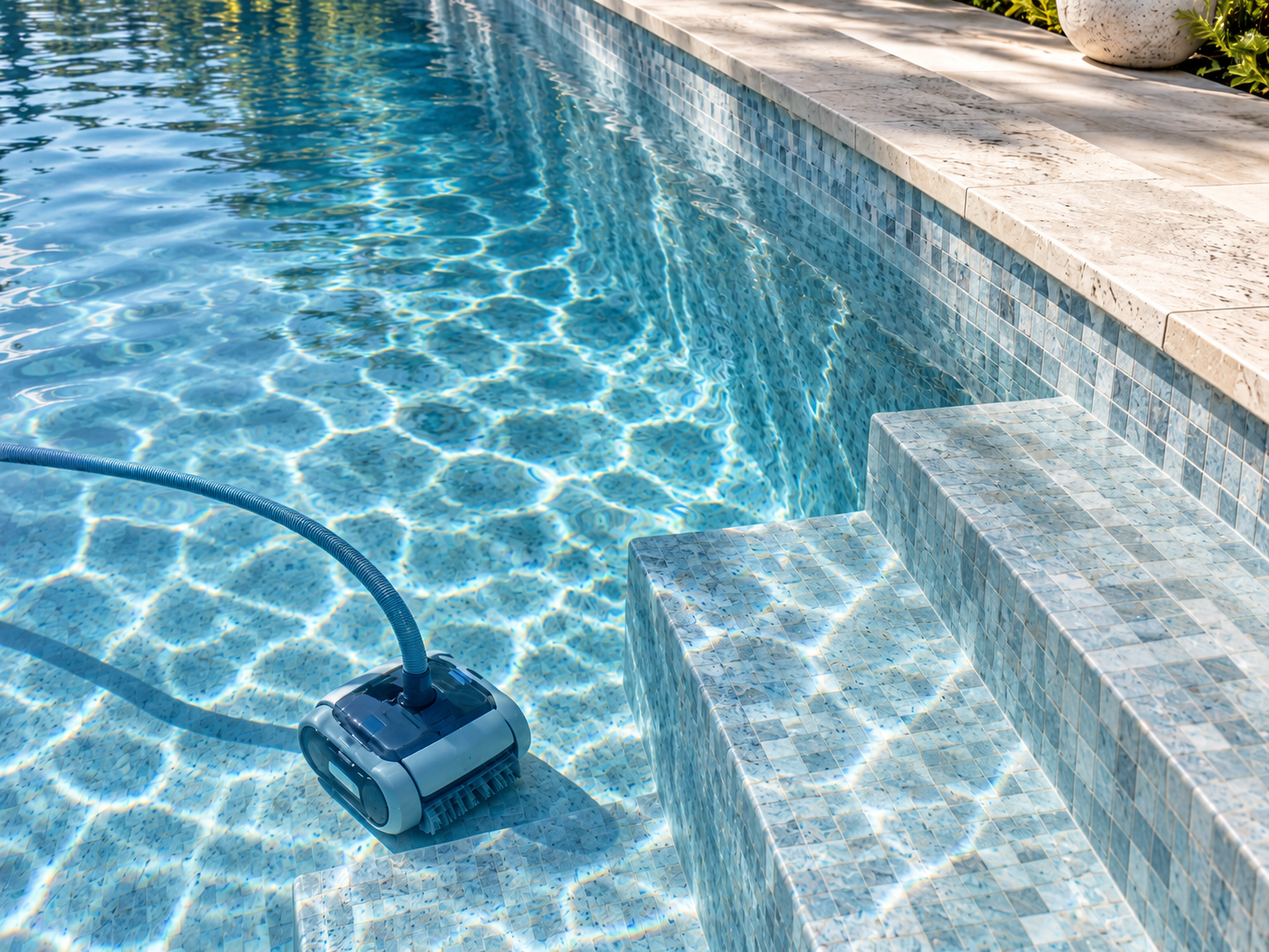 Robotic pool cleaner vacuuming the steps of a blue-tiled swimming pool.