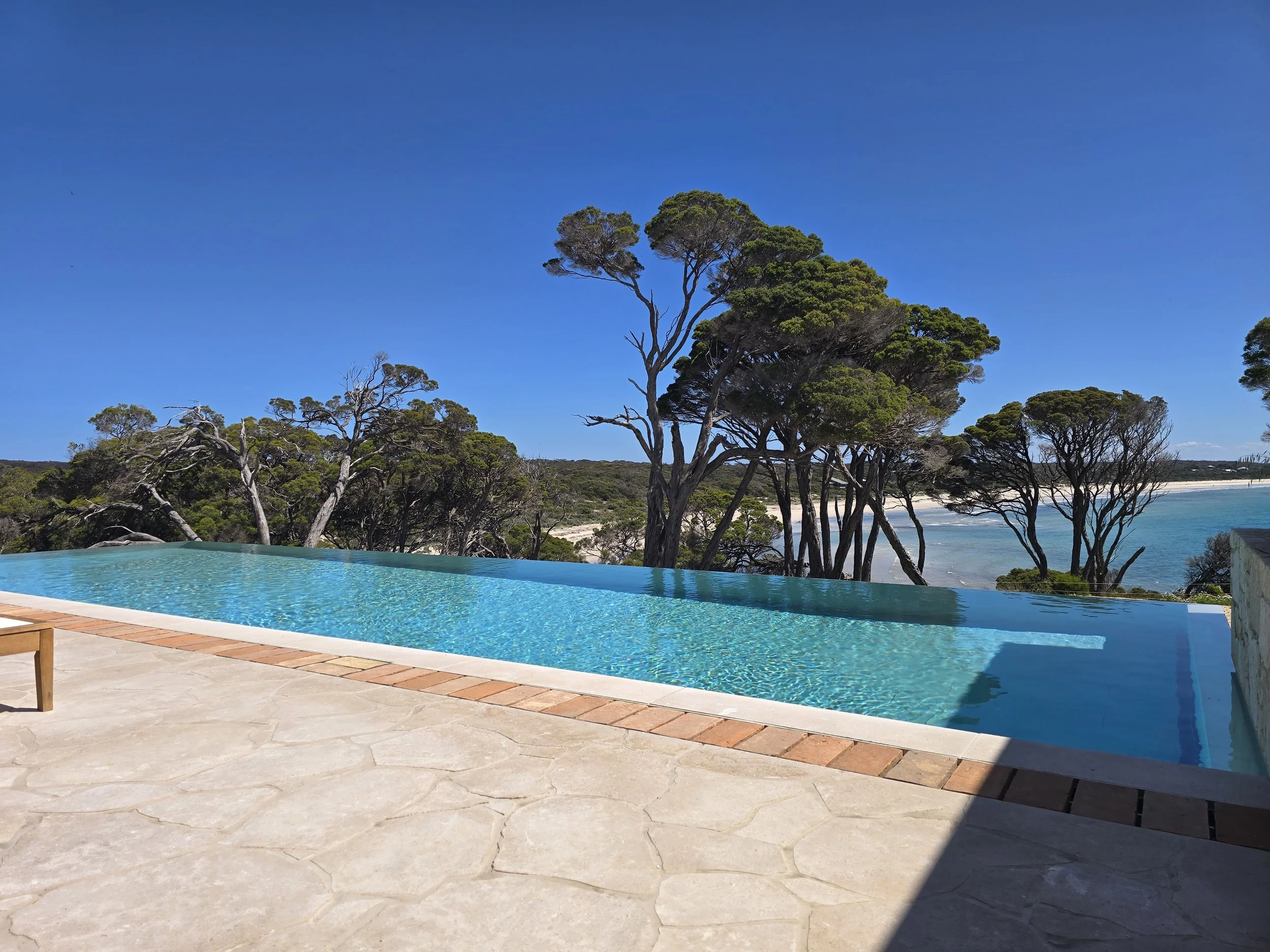 Infinity pool overlooking a sandy beach, turquoise ocean, and windswept coastal trees under a clear blue sky