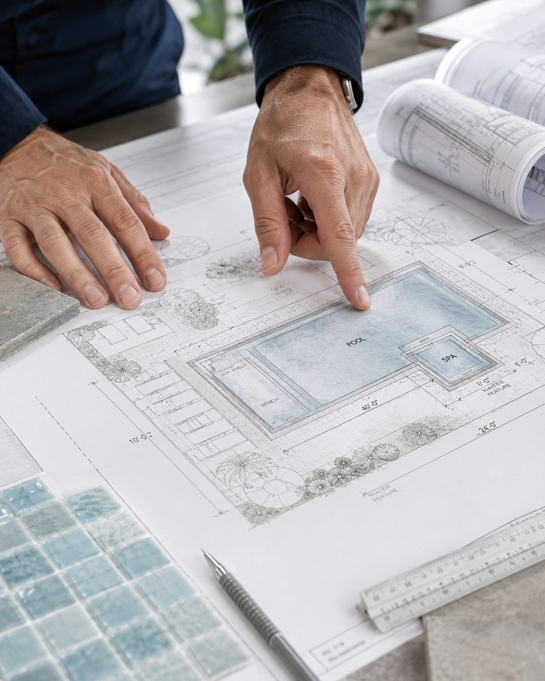 Landscape architect pointing at a residential pool and spa design blueprint with rolled plans, tile samples, pencil, and ruler