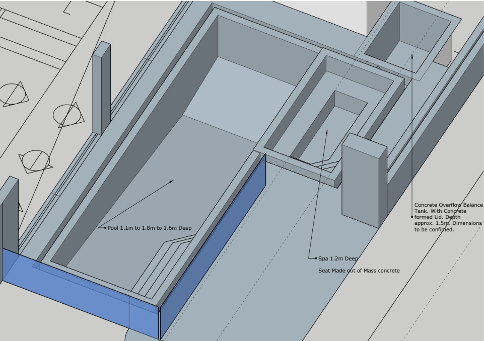 3D architectural rendering of a concrete pool and spa design with labeled depths, overflow balance tank, steps, and mass-concrete spa seat