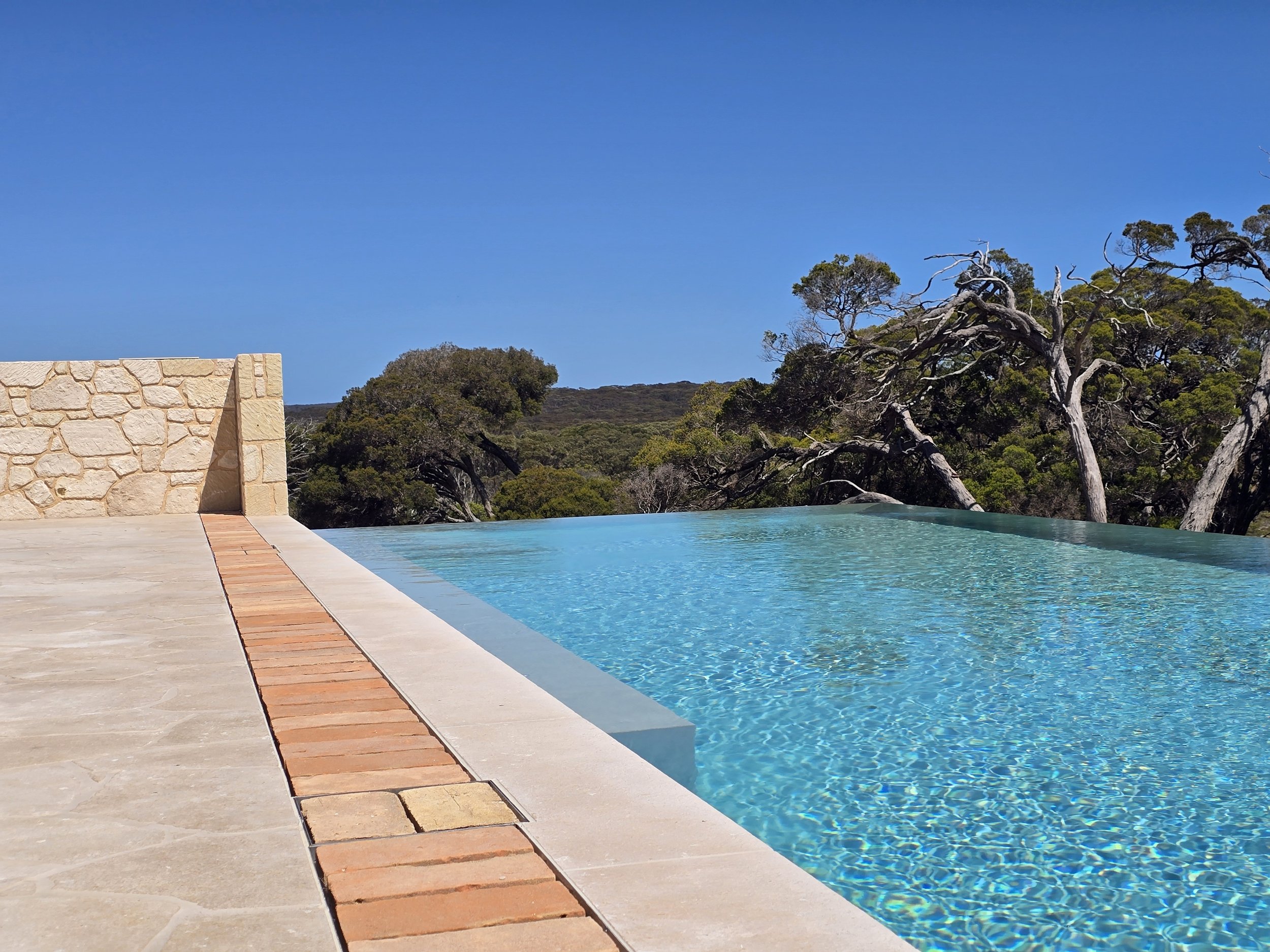 Outdoor infinity pool overlooking a wooded landscape under a clear blue sky