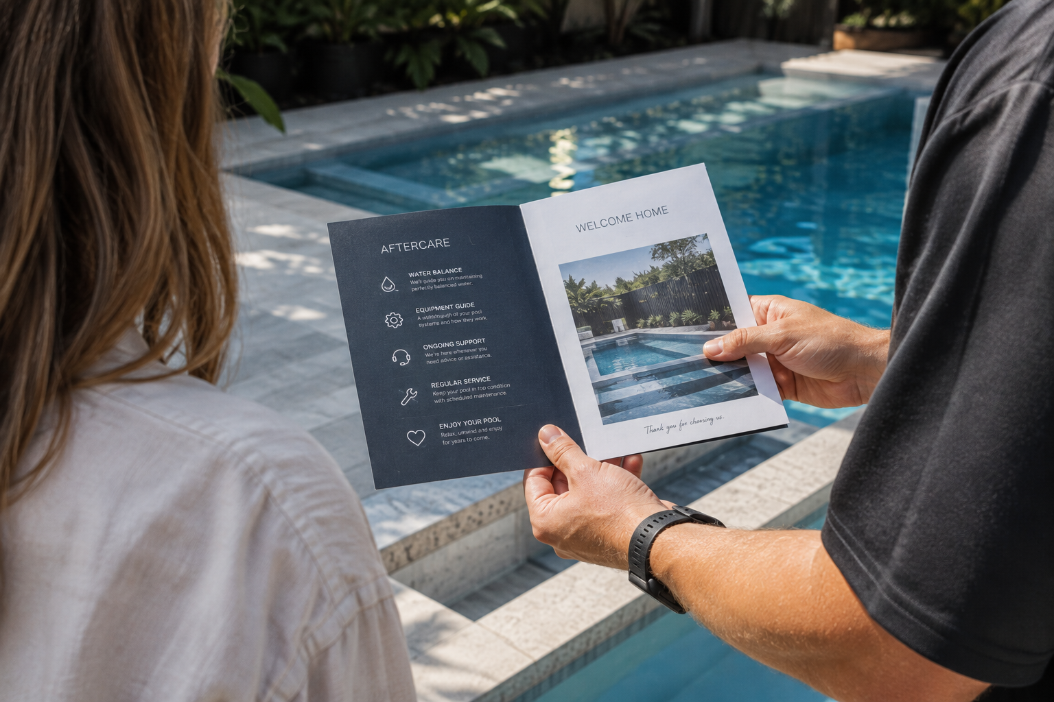 Pool professional showing a homeowner an aftercare and welcome booklet beside a backyard swimming pool