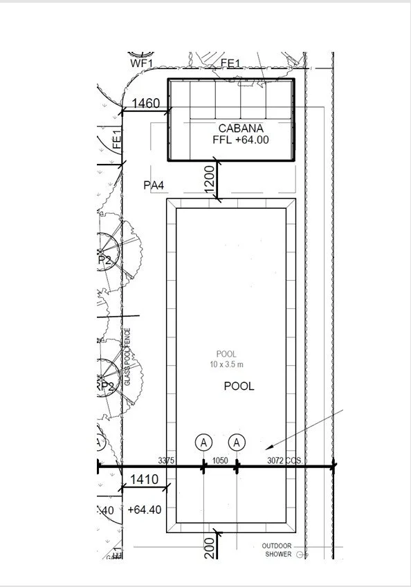 Architectural site plan showing a 10-by-3.5-meter swimming pool, cabana, outdoor shower, and surrounding landscaping.