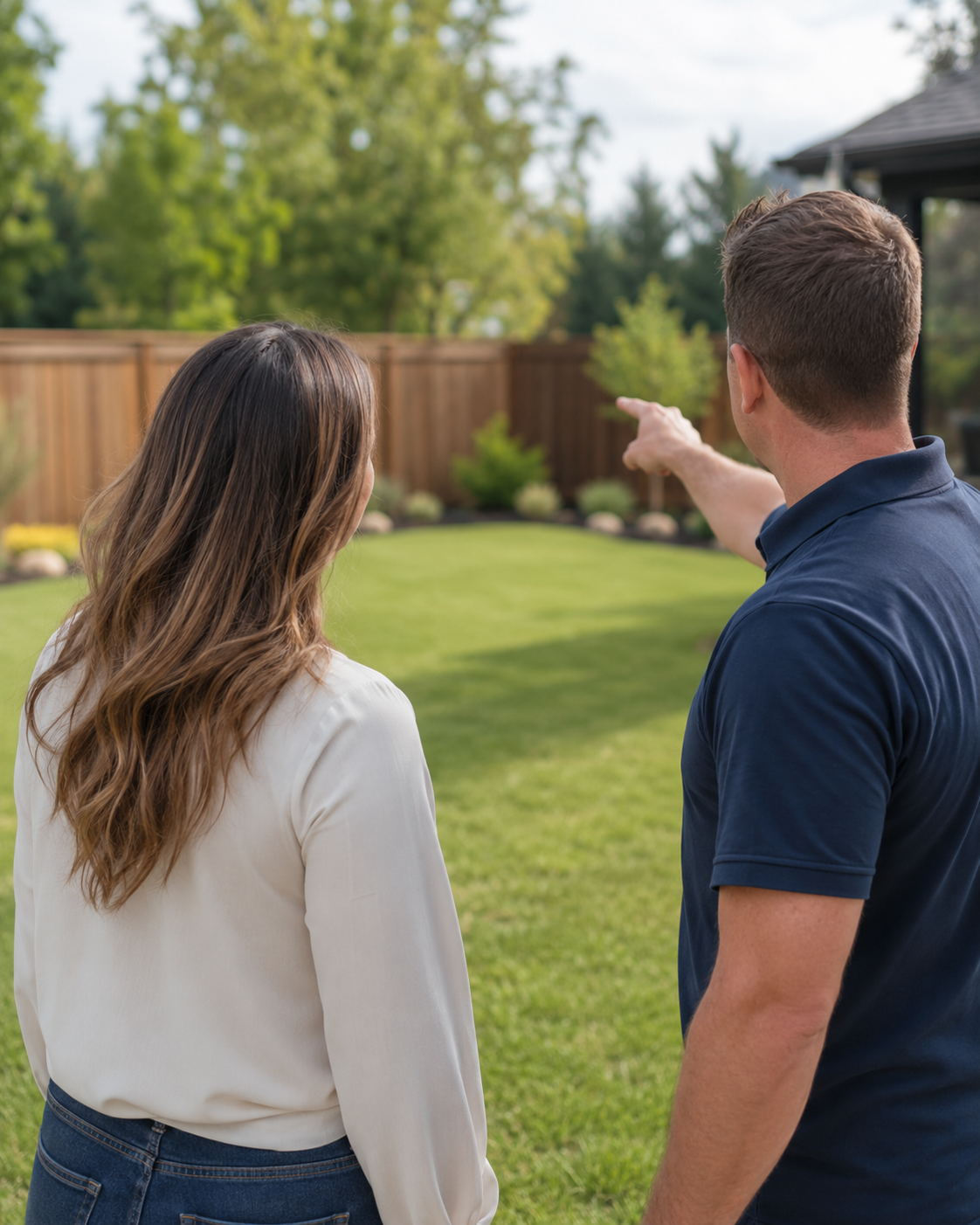 Homeowners surveying a landscaped backyard with a man pointing toward the yard