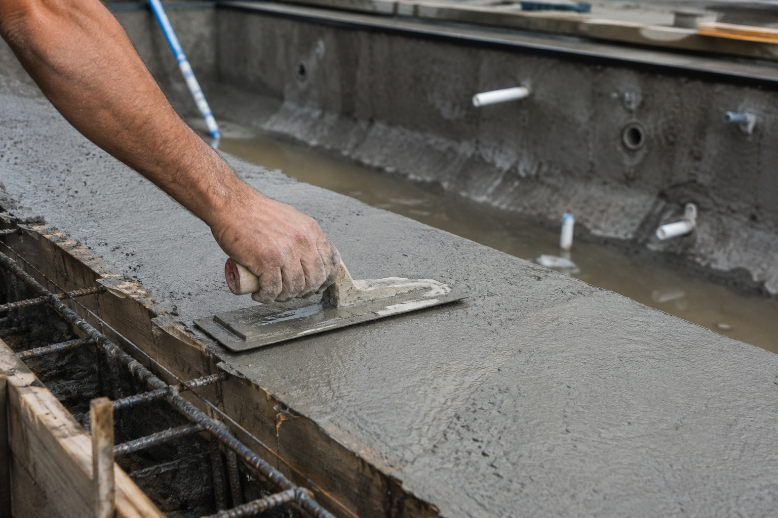 Construction worker smoothing freshly poured concrete with a hand trowel over rebar and wooden forms.