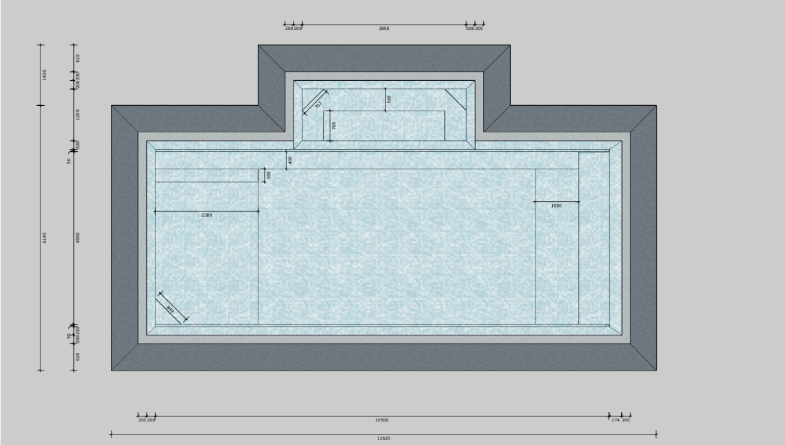 Architectural floor plan showing a rectangular swimming pool with a raised central section and surrounding dimensions
