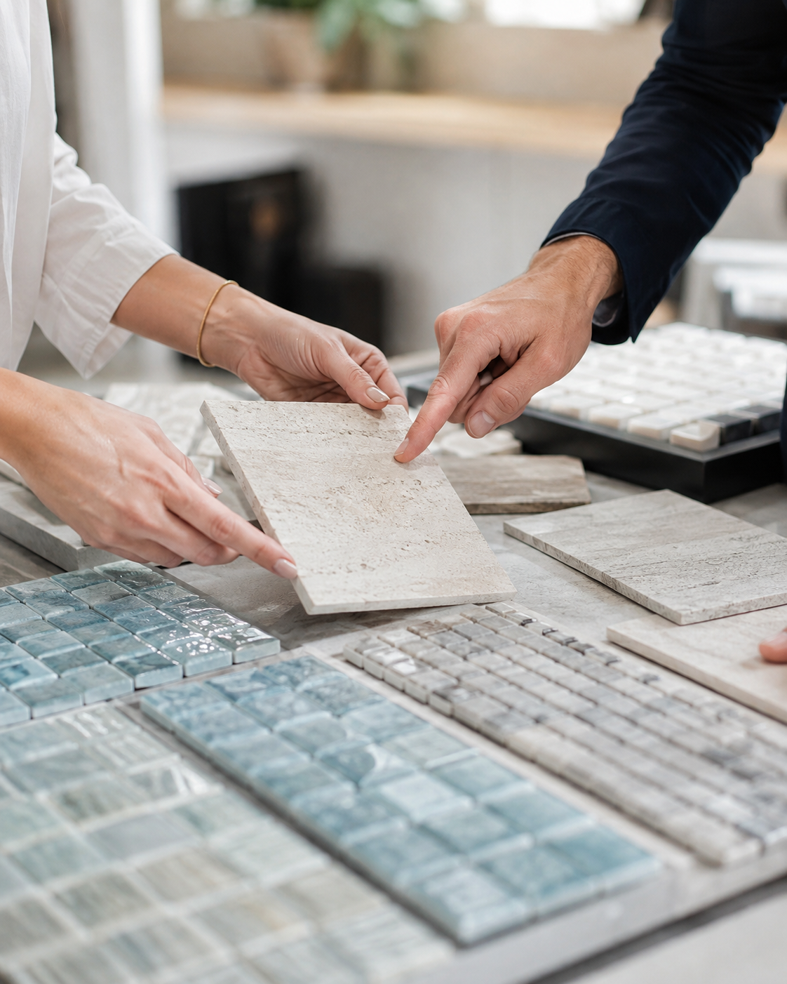 Two people comparing a light stone tile sample among blue and neutral mosaic tile options