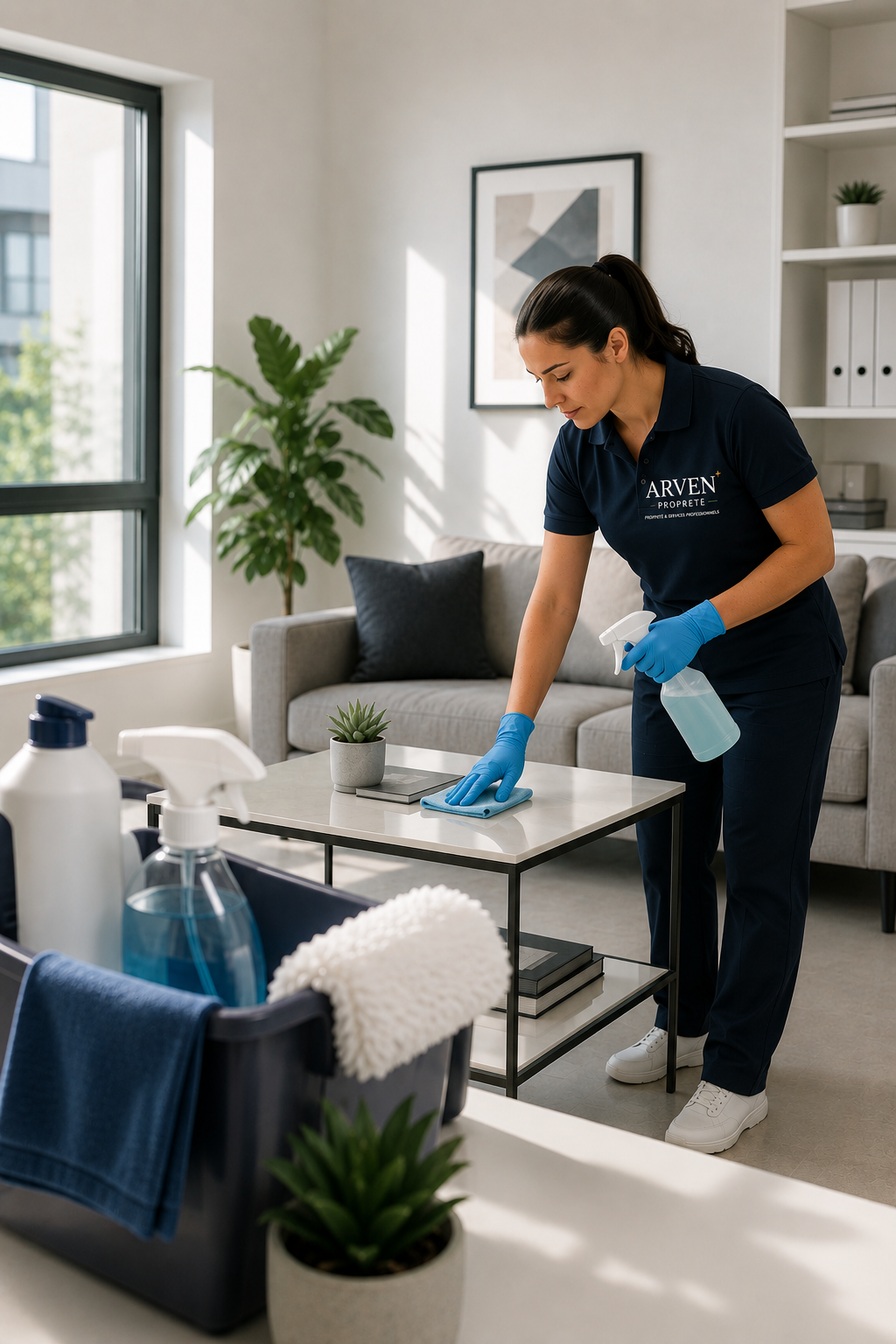 Femme de ménage nettoyant une table avec un chiffon et un spray désinfectant dans un salon moderne
