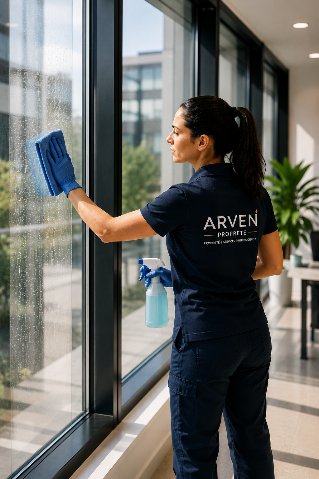 Femme nettoyant une grande vitre avec une raclette, portant un uniforme de nettoyage avec le logo 'ARVEN PROPRETÉ', dans un bureau moderne.